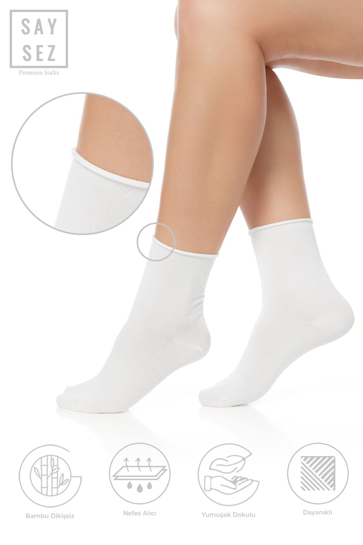 SAYSEZ Bambu Kadın Lastiksiz Beyaz Soket Dikişsiz Premium Çorap / Iz Bırakmaz / Sıkmayan Çorap