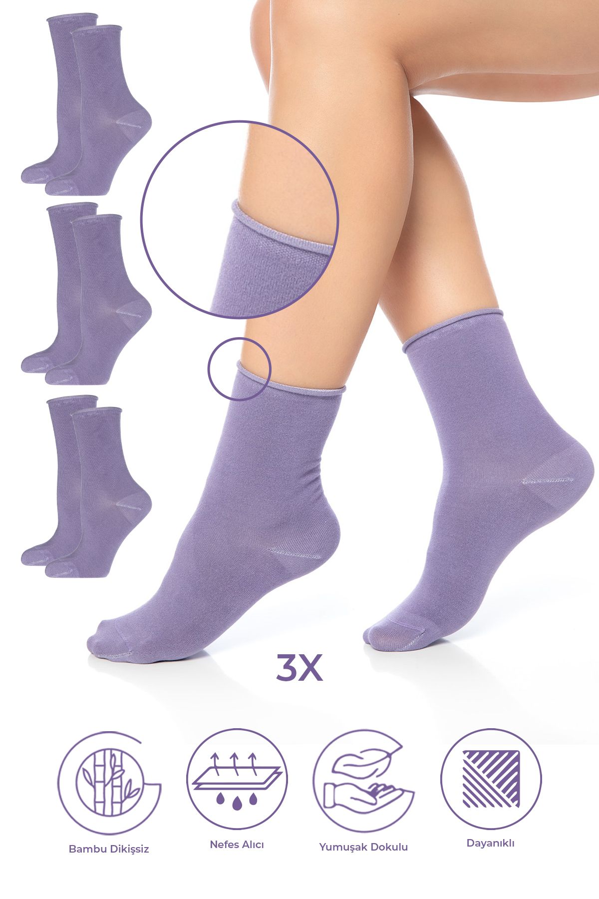 SAYSEZ Bambu Kadın Lastiksiz Lila-Mor Soket Dikişsiz Premium Çorap 3'lü Paket / İz Bırakmaz / Sıkmaz Çorap