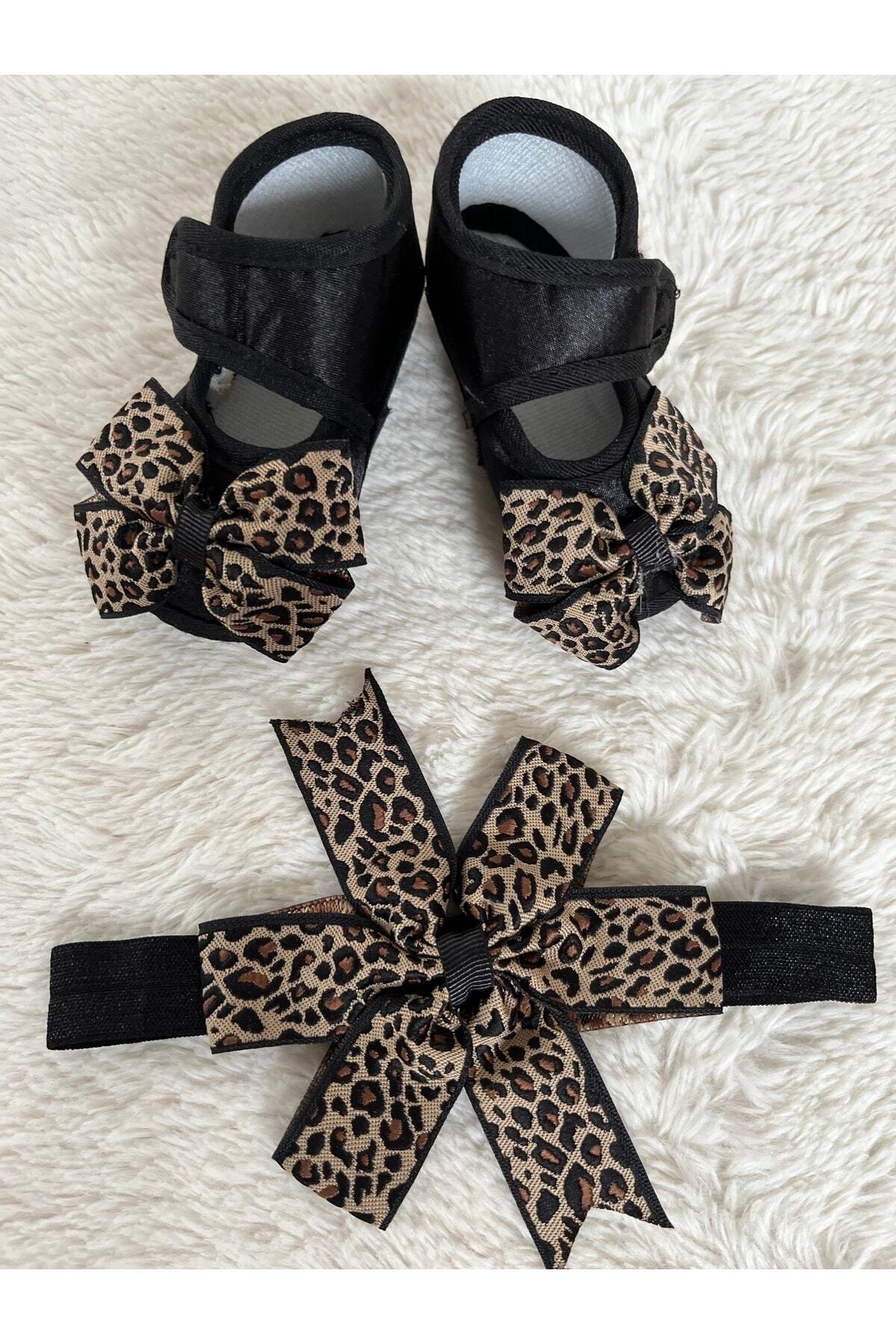MASALBABY Kız Bebek Leoparlı Bandanalı Siyah Patik / Yeni Doğan Bebek Hediyelik Ayakkabı