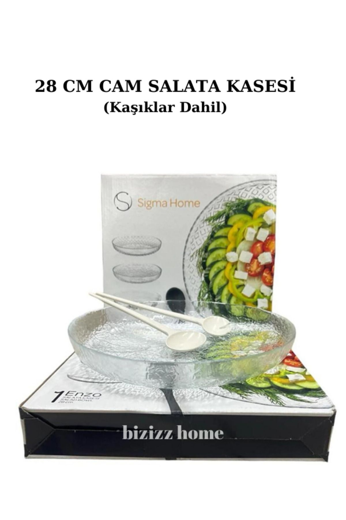 bizizz home Sigma Glass 28 Cm Enzo Salata Kasesi Yuvarlak Sunum Tabağı Kaşık Hediyeli Cam Servis Tabağı