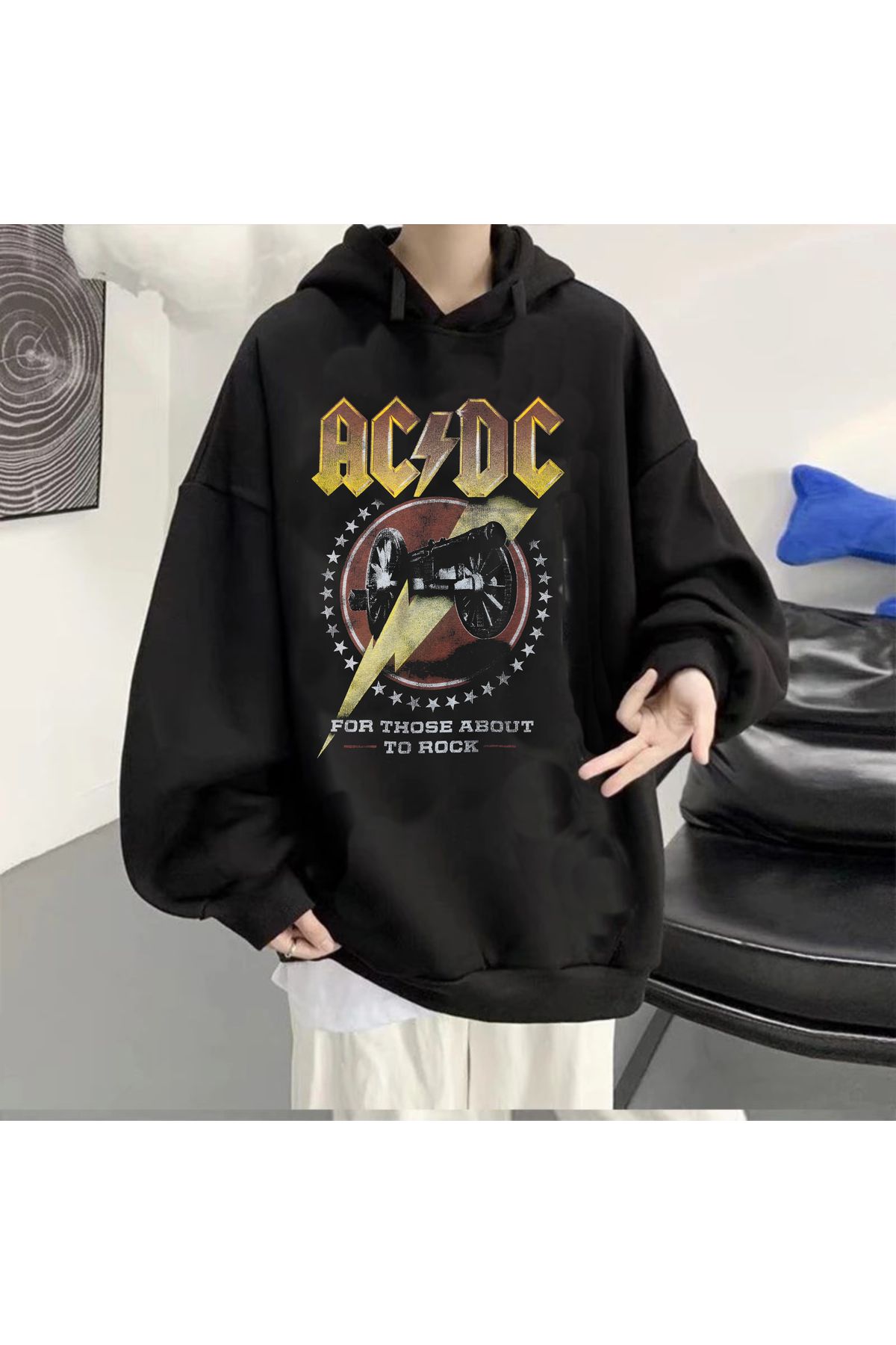 Freak Tshirt Siyah Renk AC/DC Baskılı Rock/Metal Unisex Kapşonlu Sweatshirt