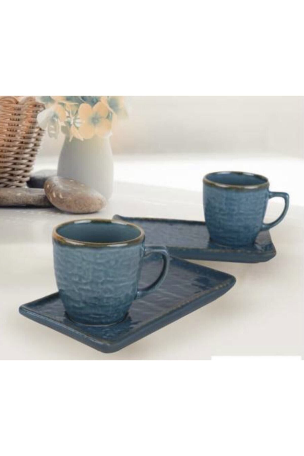 Keramika 4 Parça 2 Kişilik Kahve Fincan Takımı Brush Mavi