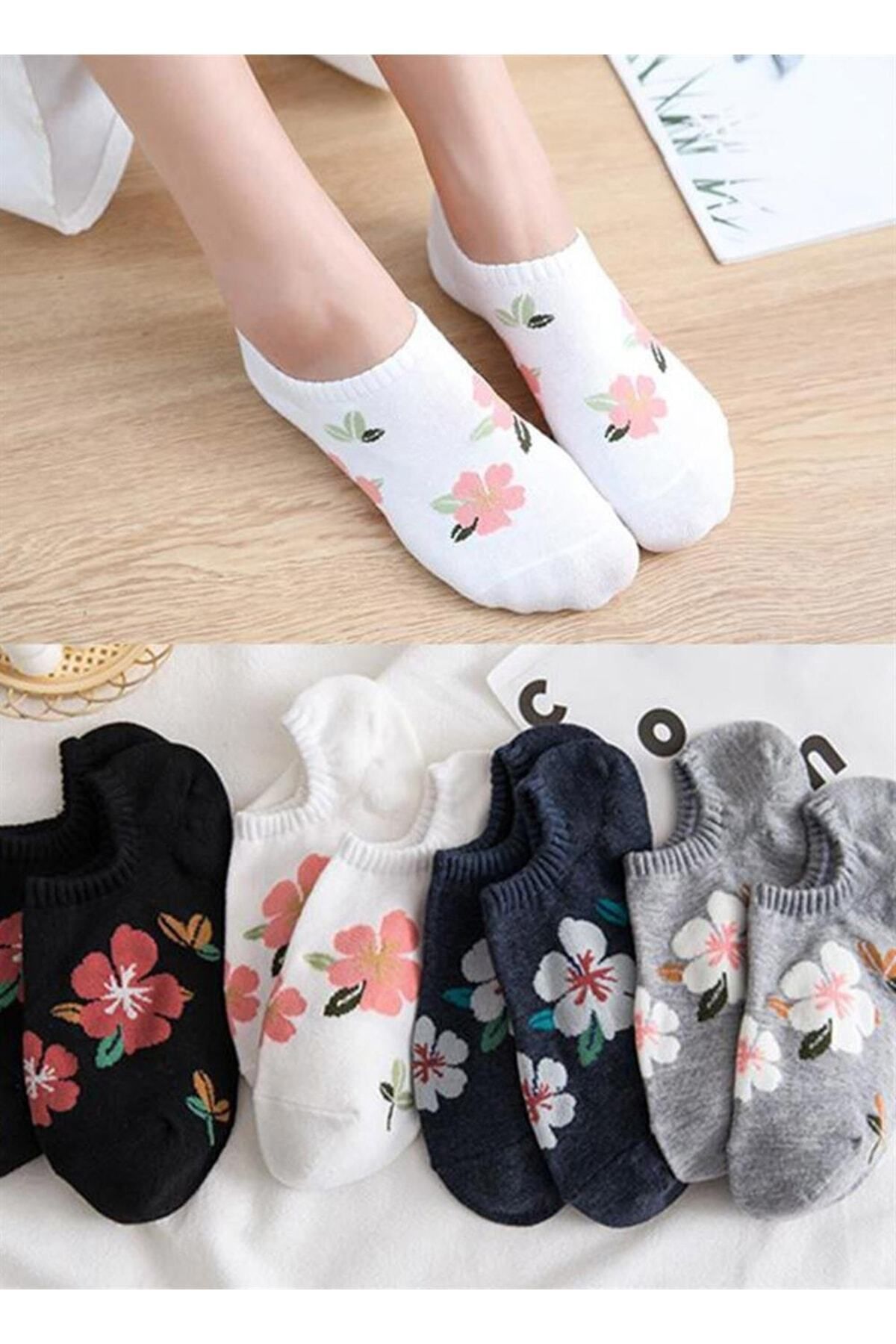 Black Arden Socks Yaz Çiçeği Desenli Görünmez Kadın Ayak Bileği Kısa Çorap 5 Çift