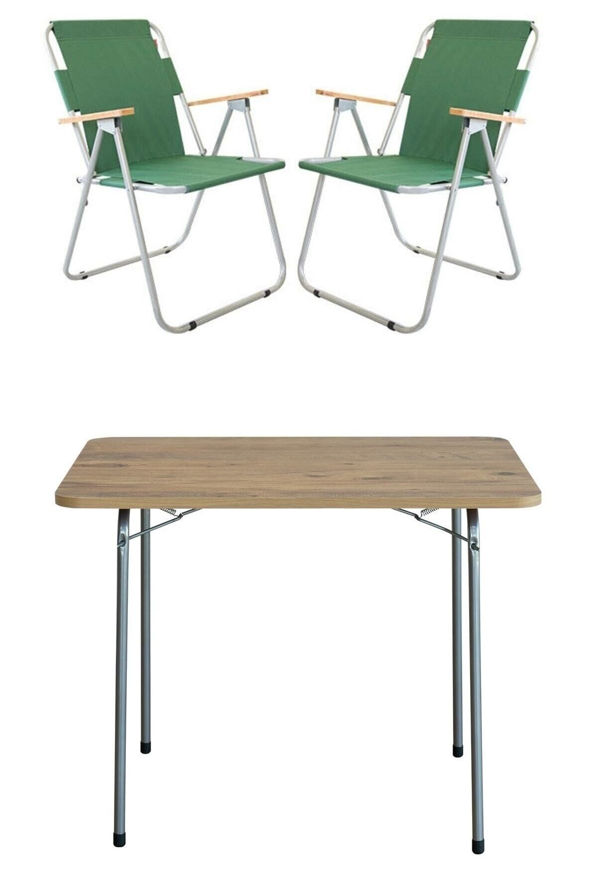 Bofigo 60x80 Çam Katlanır Masa + 2 Adet Katlanır Sandalye Kamp Seti Bahçe Balkon Takımı Yeşil