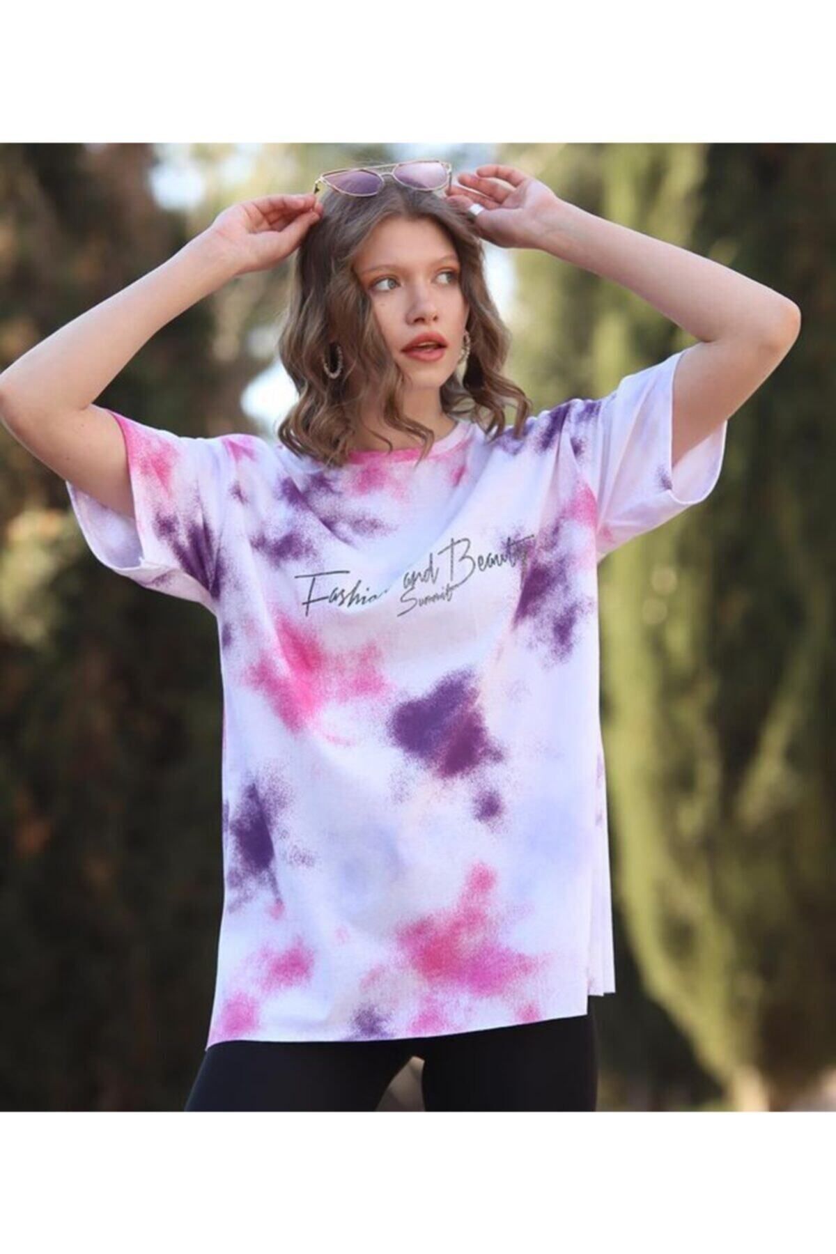 WoolnClyde Kadın Pembe Günlük  Koton Rahat Kesim Kısa Kollu Yuvarlak Yaka T-shirt