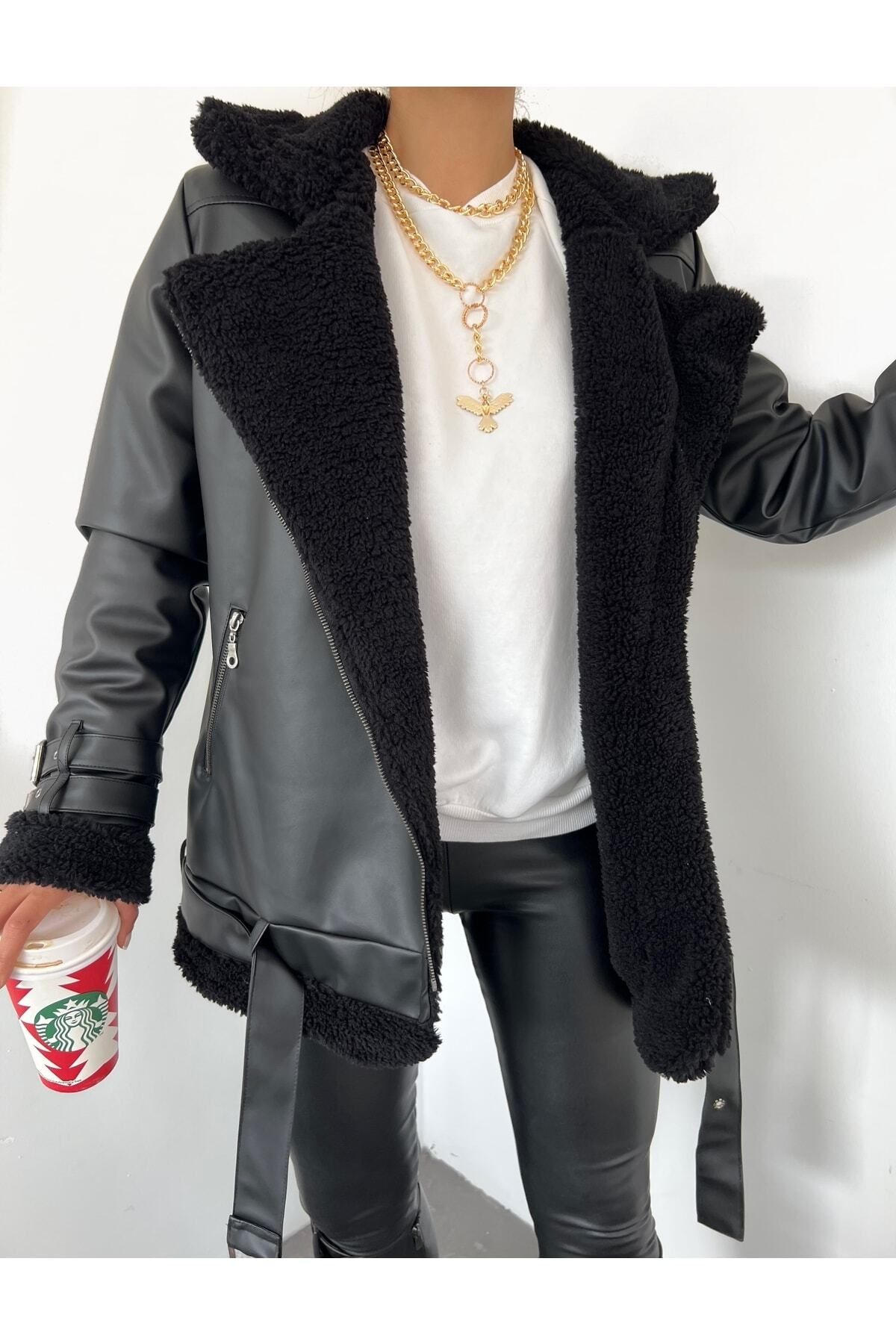 WoolnClyde Kadın Siyah Içi Kürklü Oversize Uzun Suni Deri Ceket