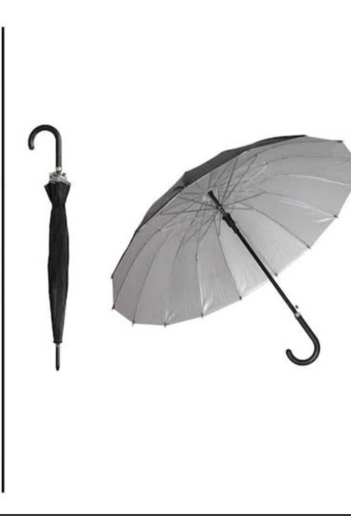 Zehra Egeli Rüzgarda Ters Dönmeyen Baston Saplı 16 Telli Siyah 90 Cm Şemsiye