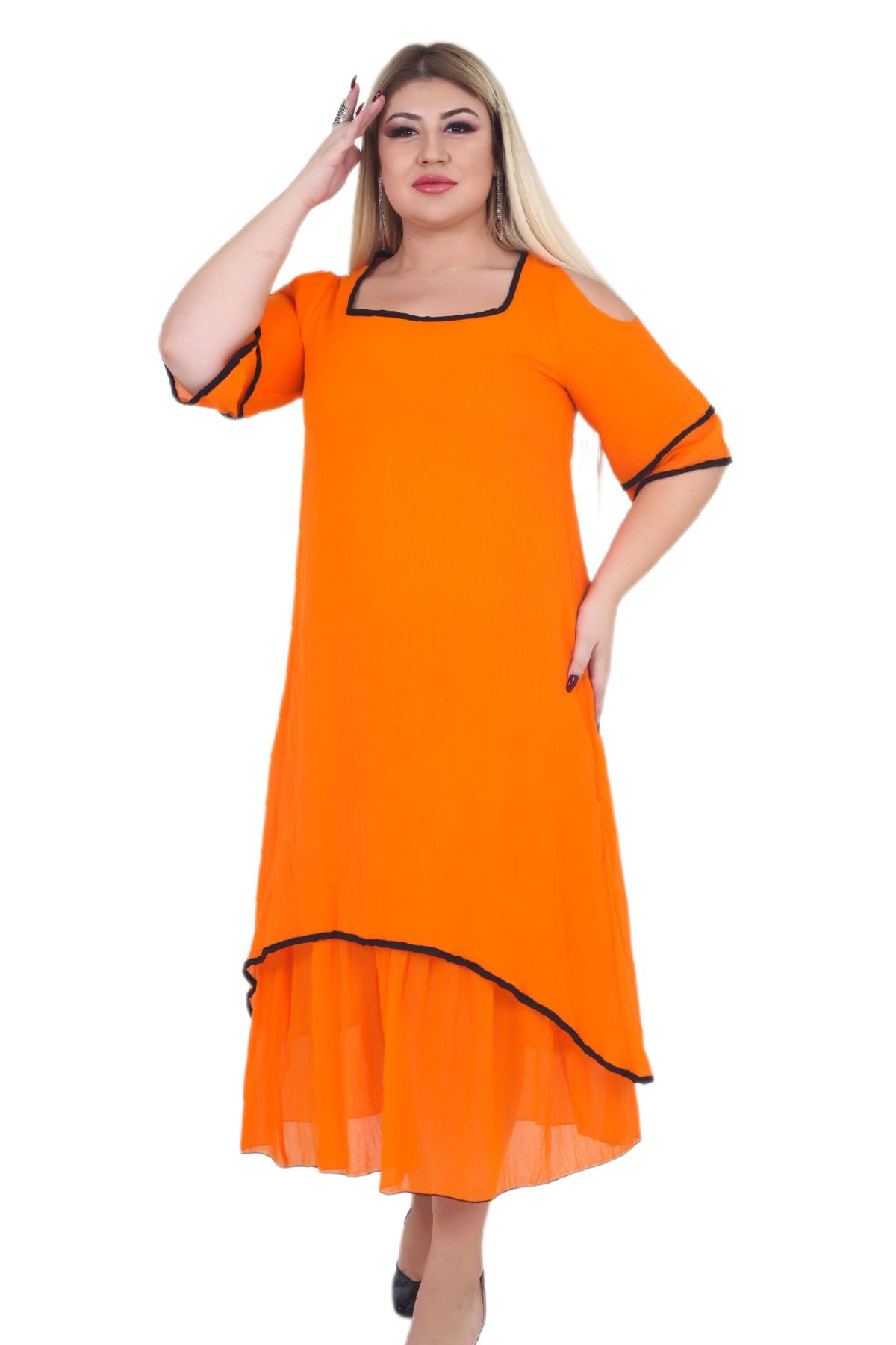 Günay Kadın Büyük Beden Elbise Lm24471 Ilkbahar Yaz O Yaka Pamuk-turuncu