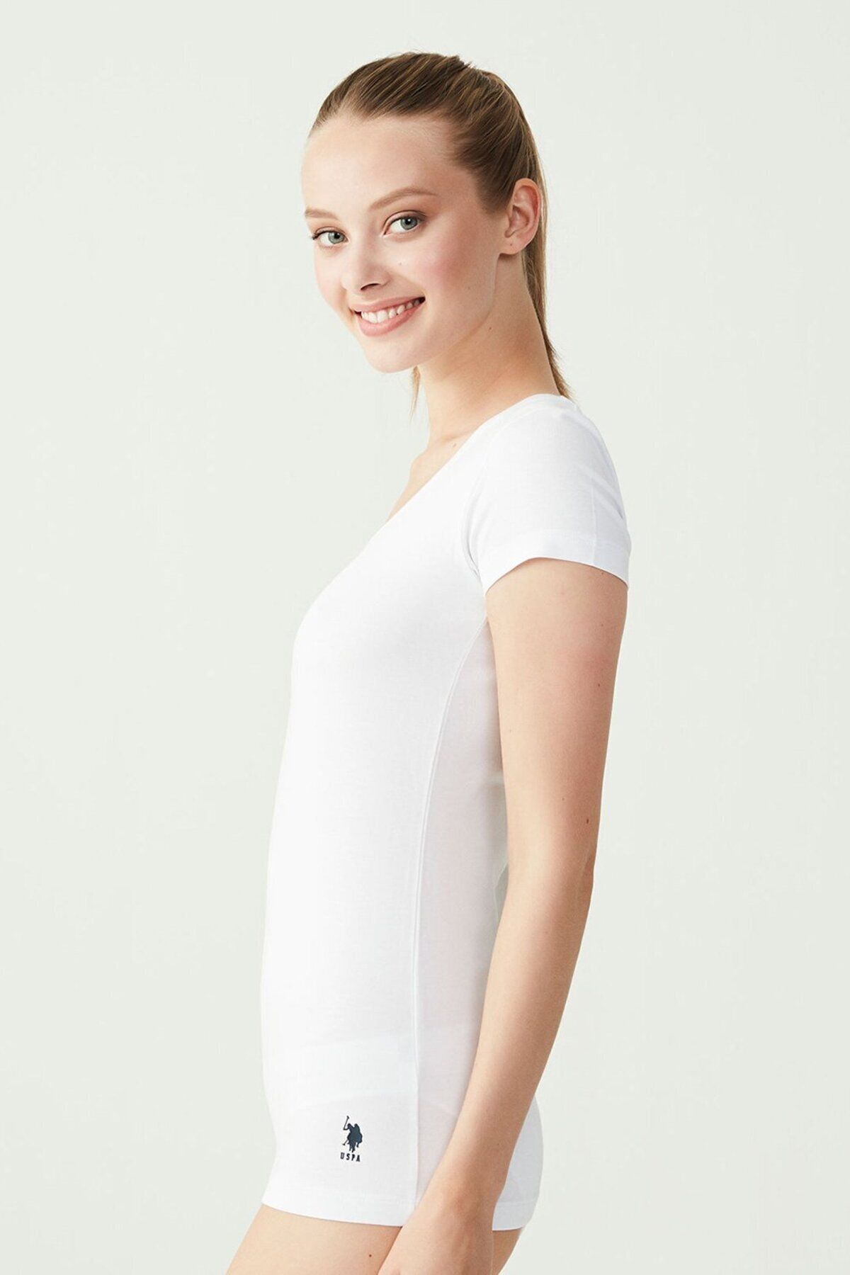 U.S. Polo Assn. Kadın Modal Pamuklu Basic Derin Yaka Beyaz T-shirt