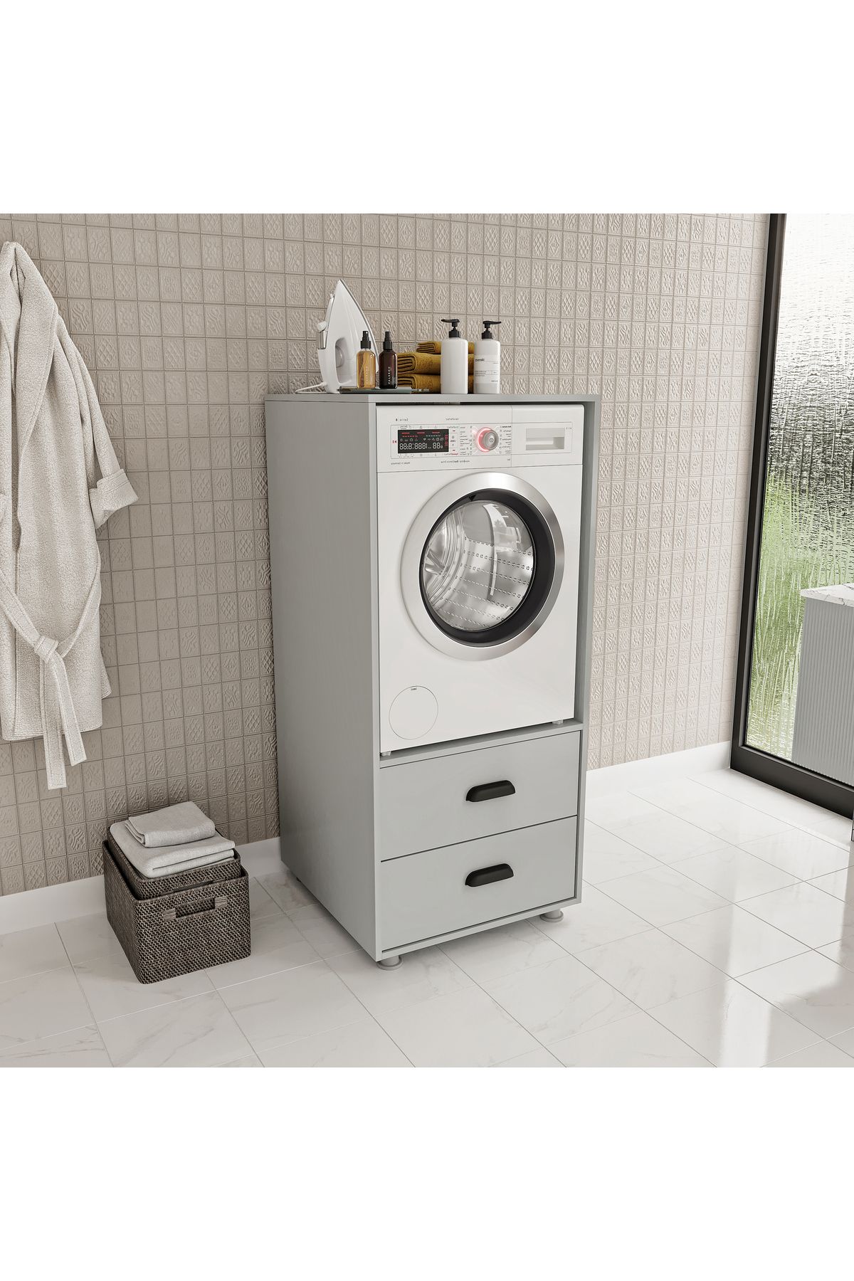 Afilli Elit Çamaşır Makinası Dolabı 2 Çekmeceli Tamamı MDF (KÜL GRİ )