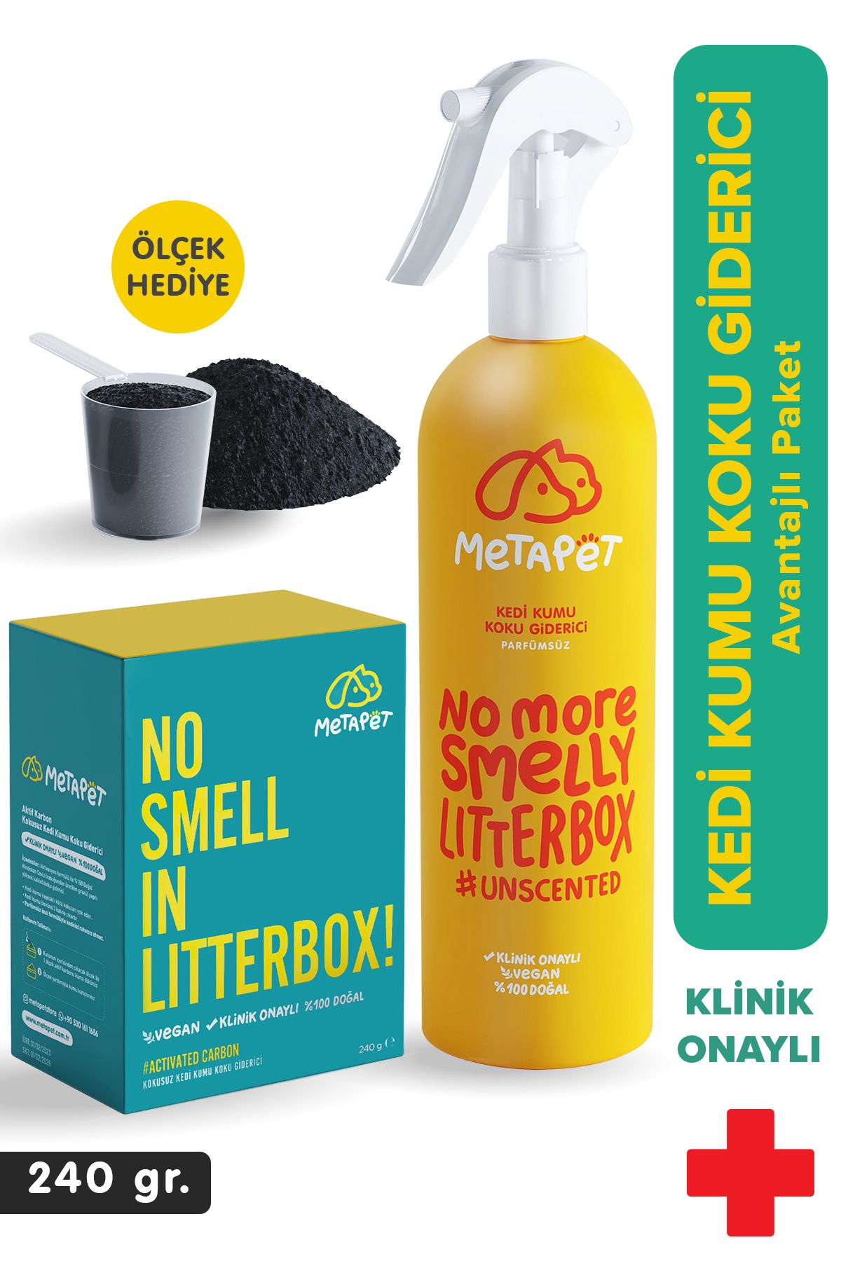 Metapet Kedi Kumu Koku Giderici Set, Kokusuz Kedi Kumu için Aktif Karbon (240 gr) ve Parfümsüz Sprey