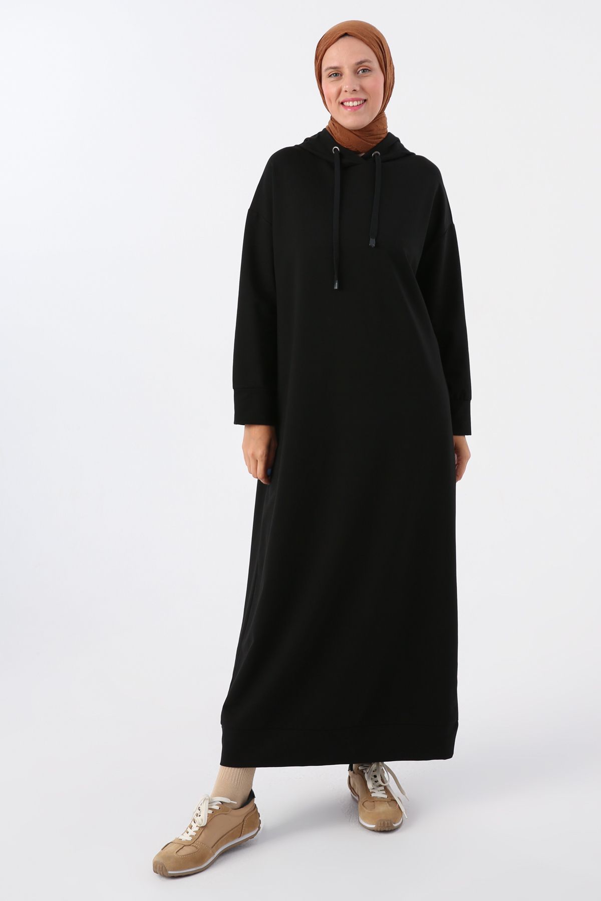 ALLDAY Siyah Basic Kapüşonlu Örme Pamuklu Elbise
