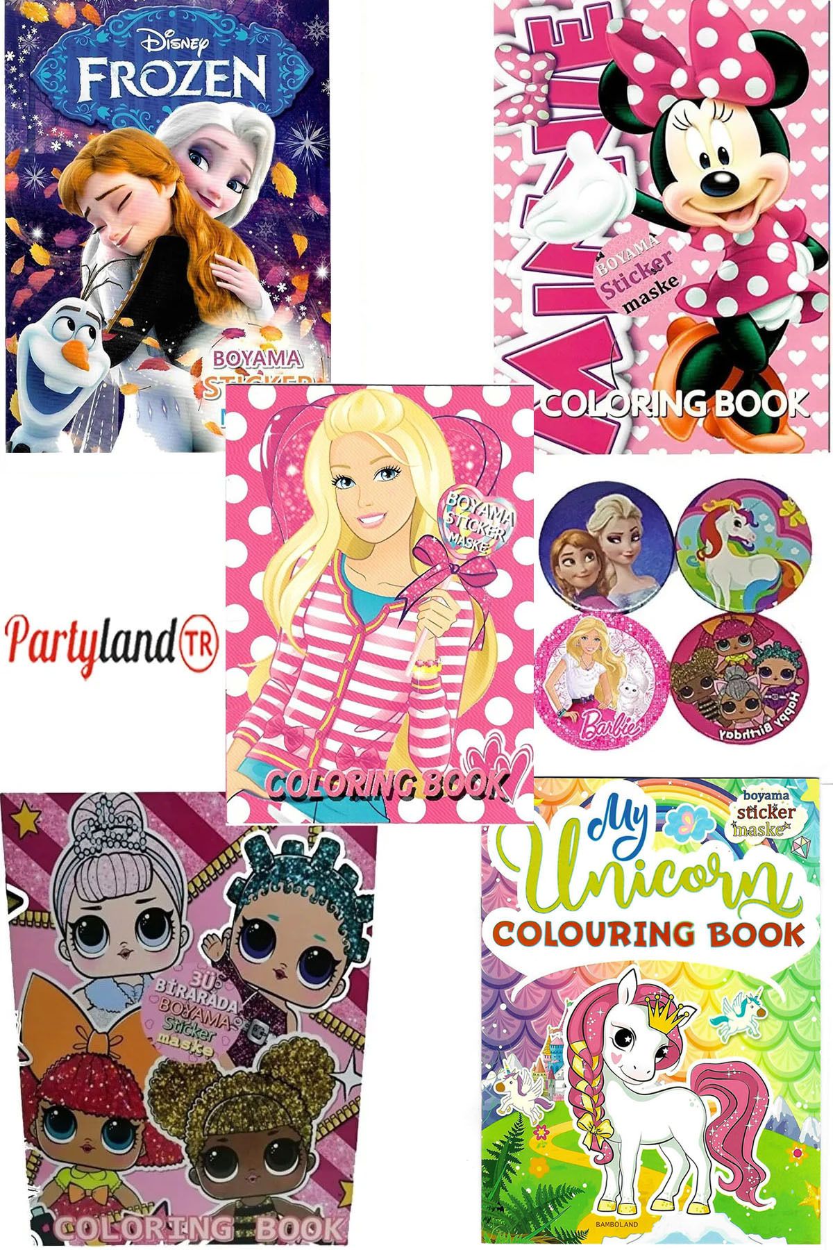 PartylandTR 4'lü Süper Boyama Kitabı Seti(FROZEN,LOL,UNİCORN,MİNNİE) Sticker, Arka Kapak Maske, 4 Rozet Hediye