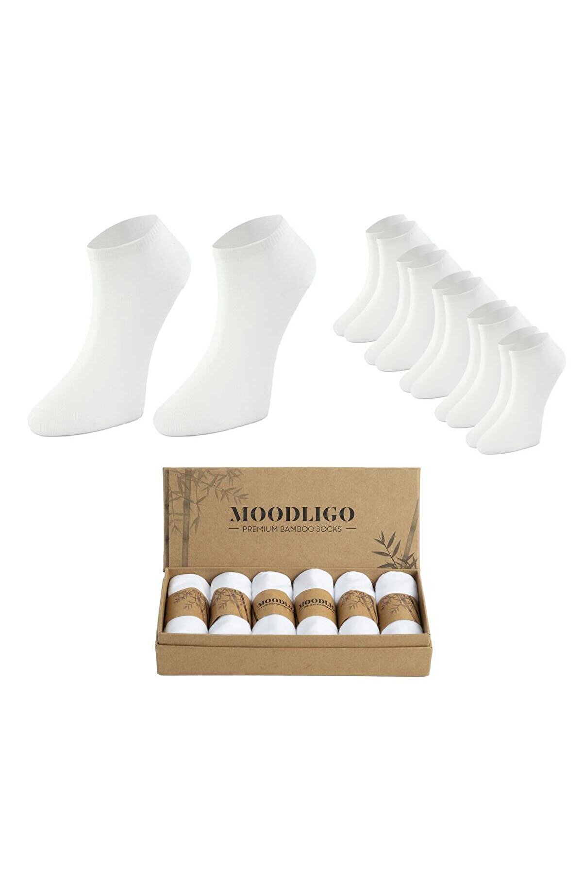 Moodligo Kadın 6'lı Premium Bambu Patik Çorap - Beyaz - Kutulu