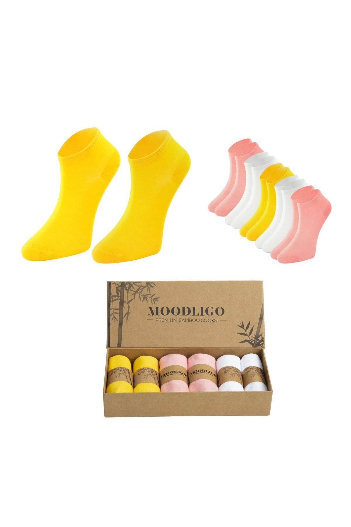 Moodligo Premium 6'lı Bambu Patik Kadın Çorap - 2 Sarı 2 Pembe 2 Beyaz