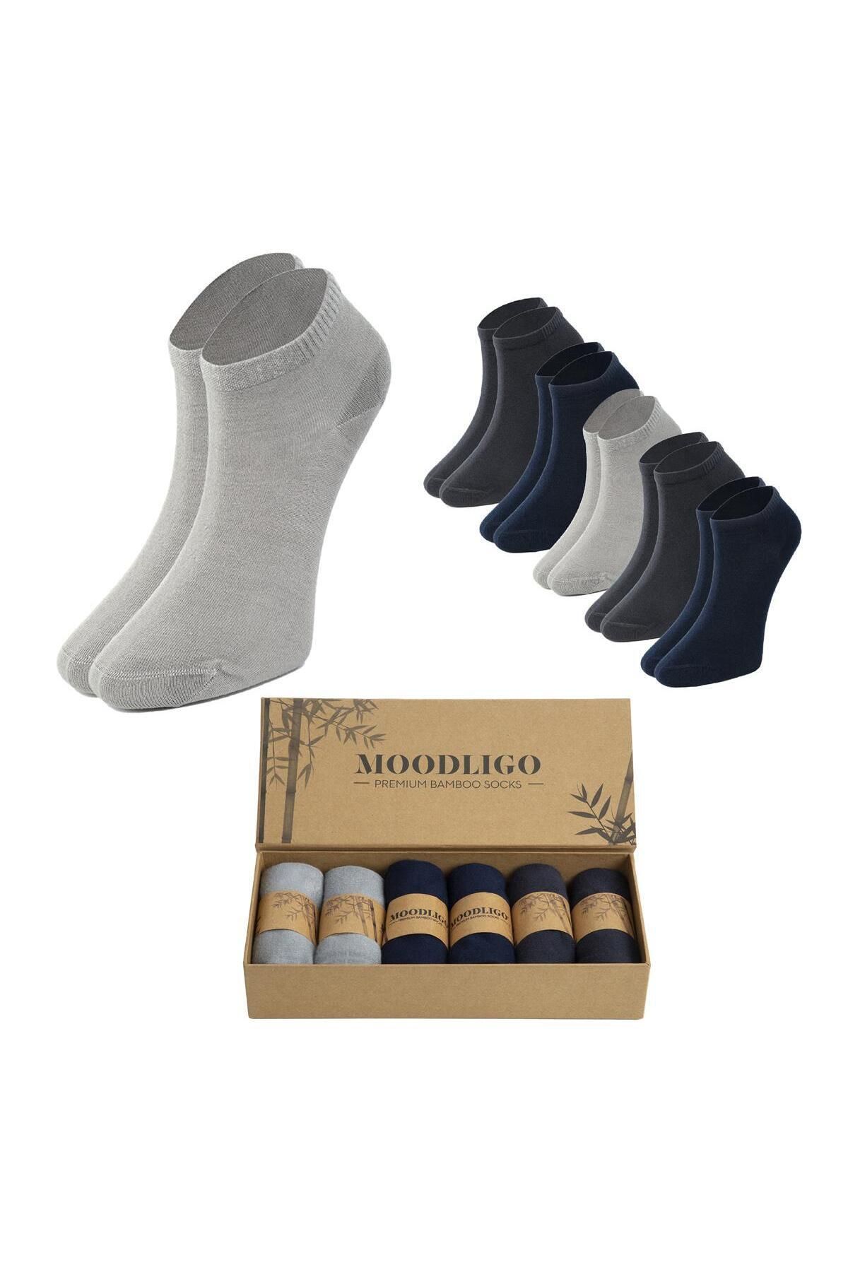 Moodligo Kadın 6'lı Premium Bambu Patik Çorap - 2 Gri 2 Füme 2 Lacivert - Kutulu
