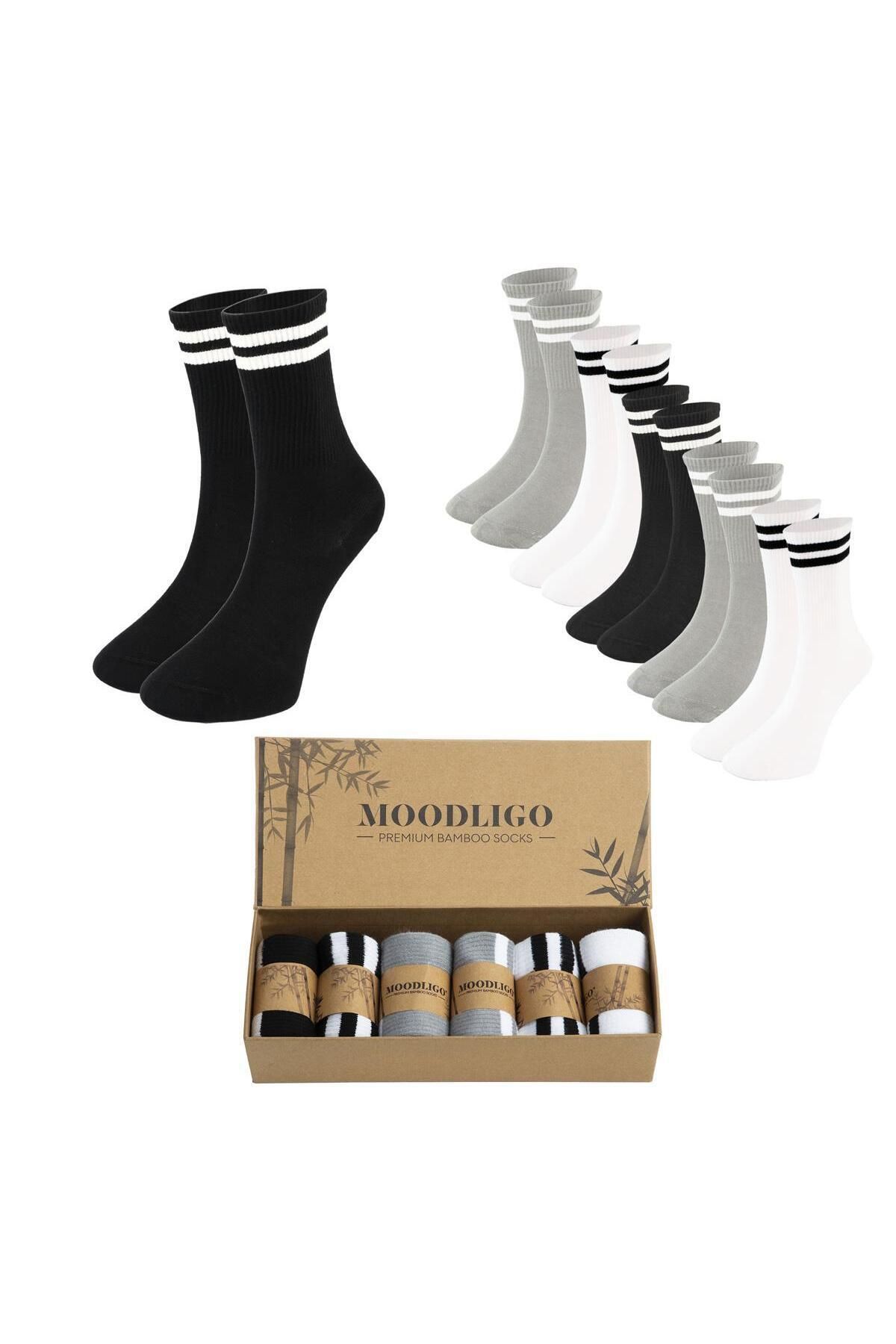 Moodligo Kadın 6'lı Premium Bambu Çizgili Kolej Tenis Çorabı - 2 Siyah 2 Gri 2 Beyaz - Kutulu
