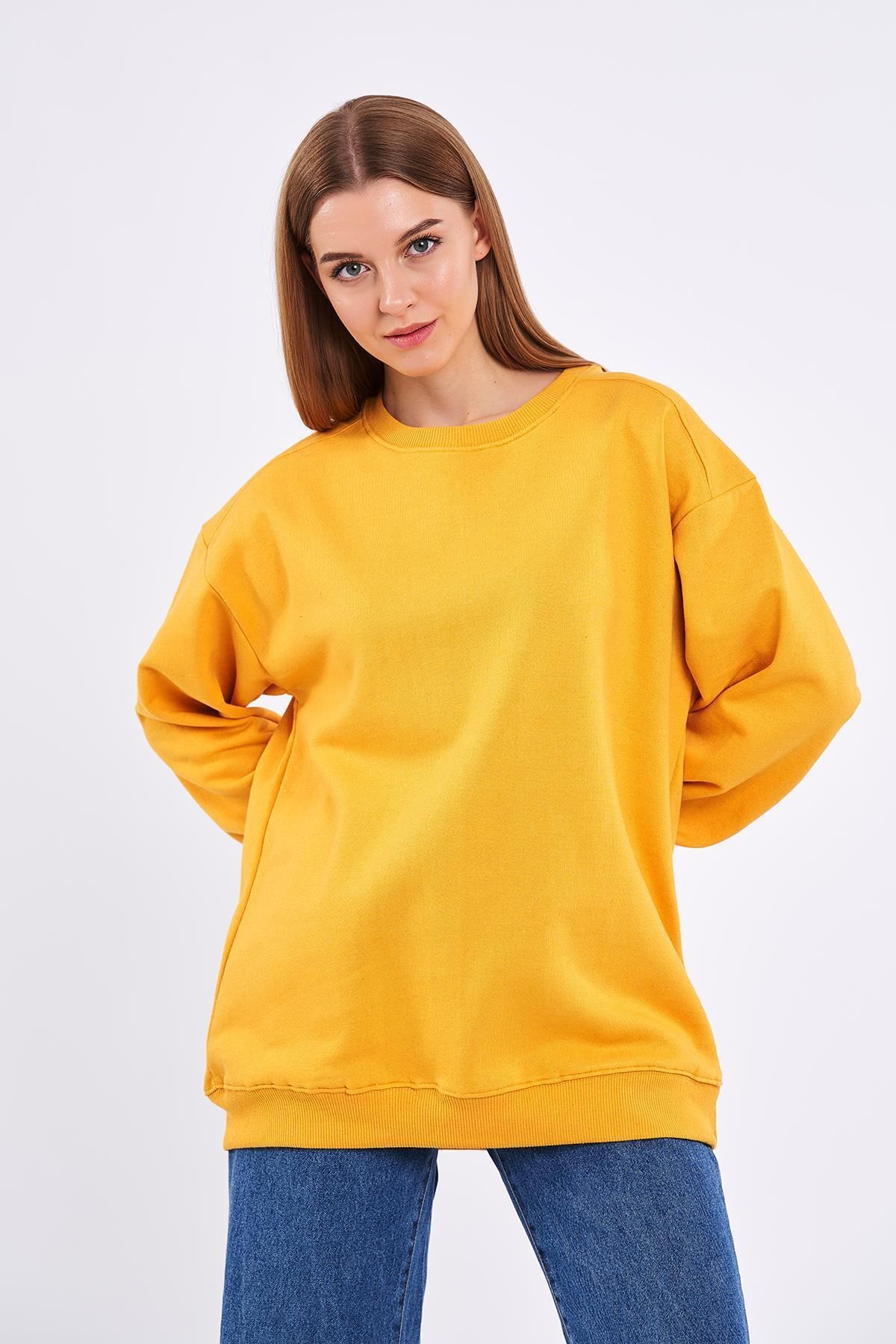 mmetalic Sarı Kadın Pamuklu Oversize Basic Bisiklet Yaka Sweatshirt