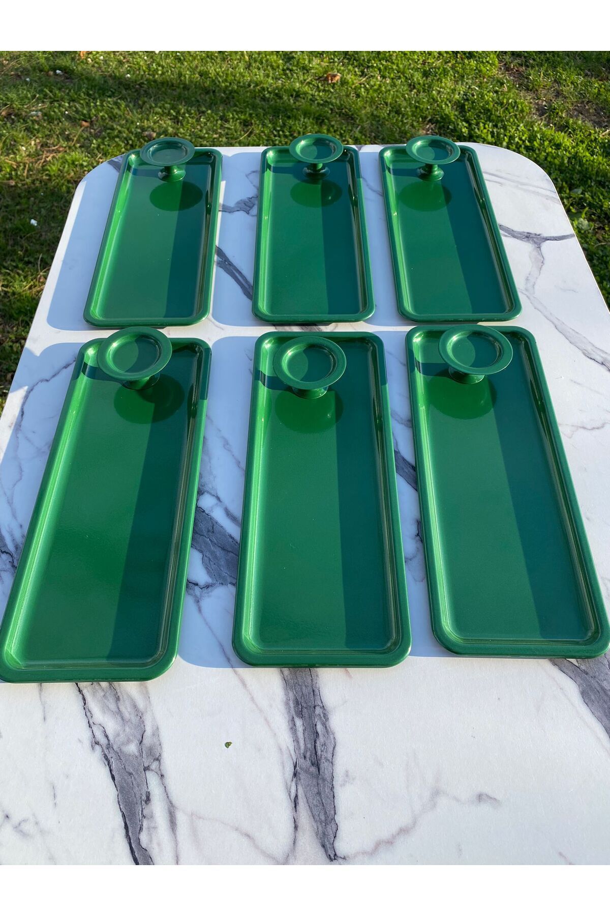 Aslı Hediyelik 2 Model 6'lı Yeşil Baton Tepsi Ve 6'lı Yeşil Makaronluk, Kahve Ve Pasta Servisi Sunum Tepsisi
