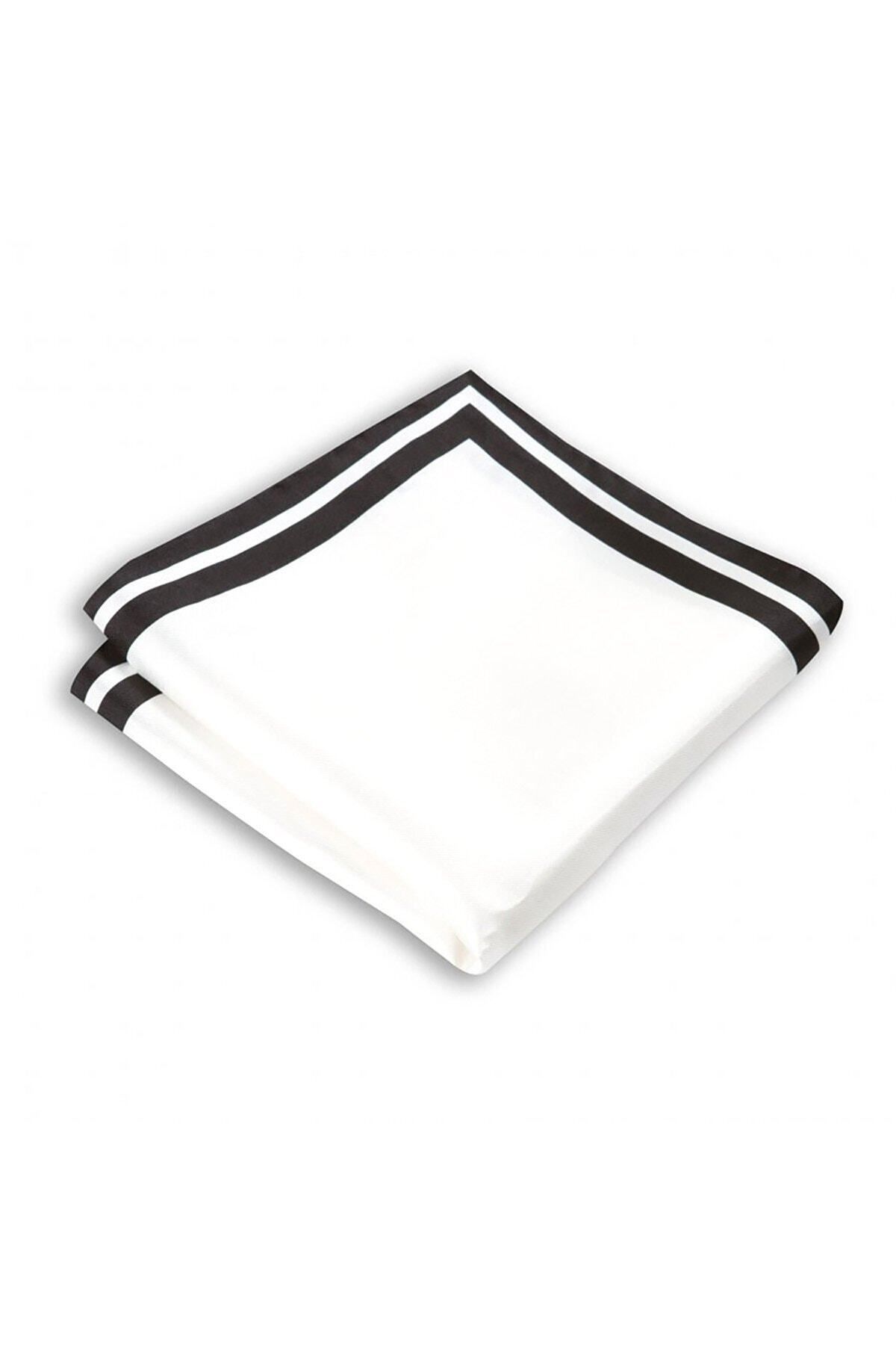 1001 Kravat Siyah Kenar Çizgili Beyaz Renkli 33 x 33 cm Ipek Cep Mendili