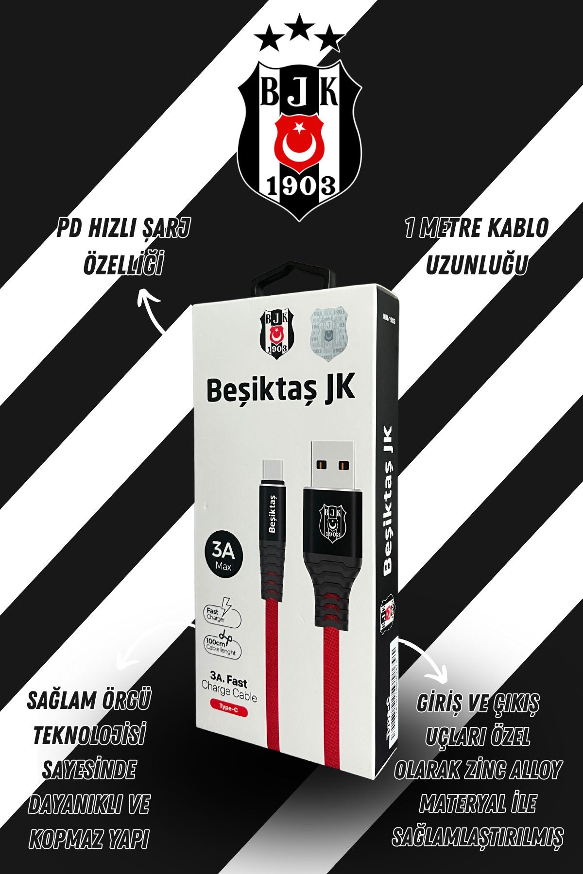 Beşiktaş Orijinal Lisanslı (Micro USB, Type C, Lightning) 1 Metre Şarj Kablosu