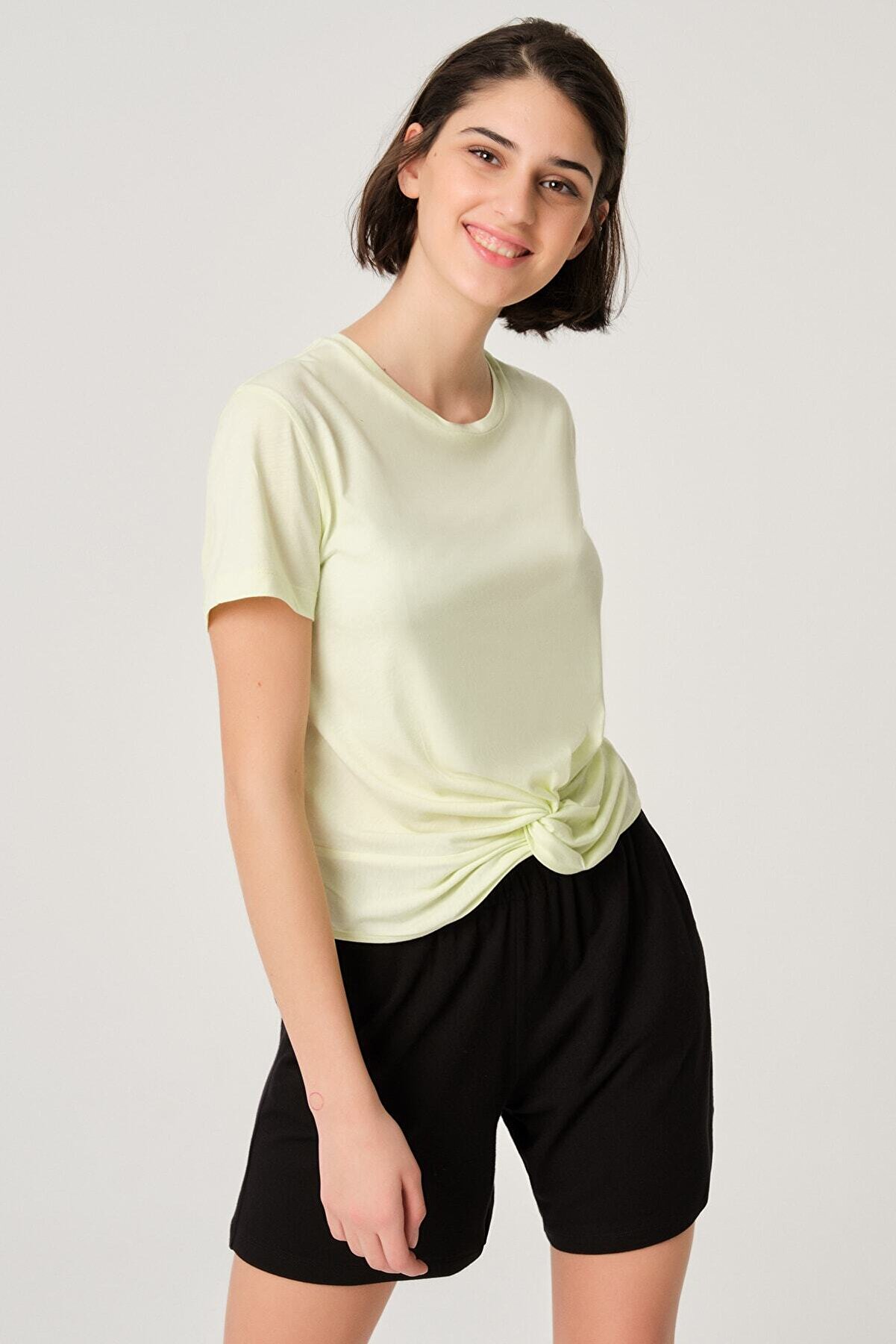 Dagi Mint Yeşili Bisiklet Yaka Bağlamalı Crop T-shirt