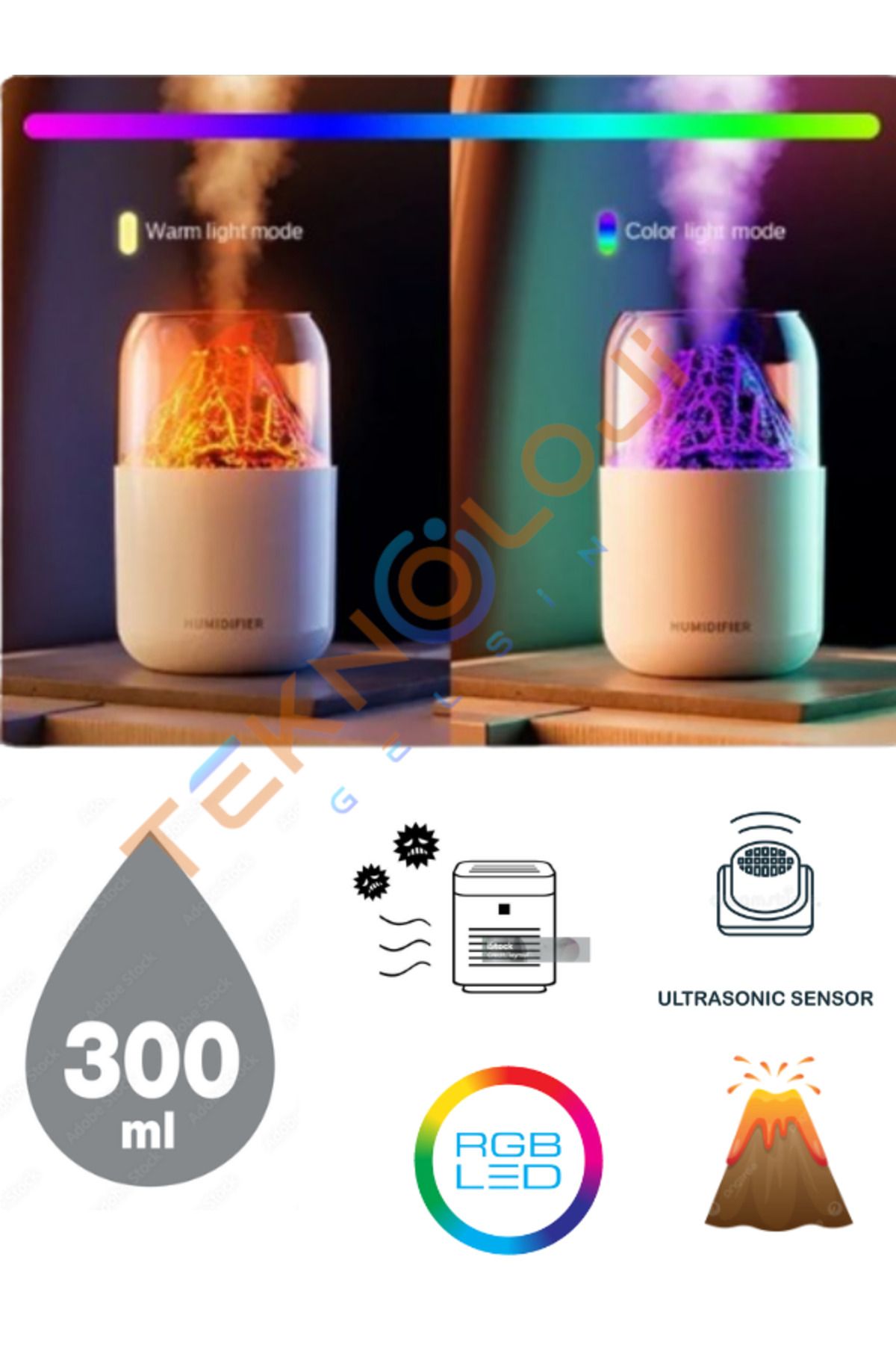 Teknoloji Gelsin Hava Nemlendirici Volkanik Tasarım 300 ml Humidifier Ultrasonik Sessiz Buhar Makinesi Aroma Difüzörü