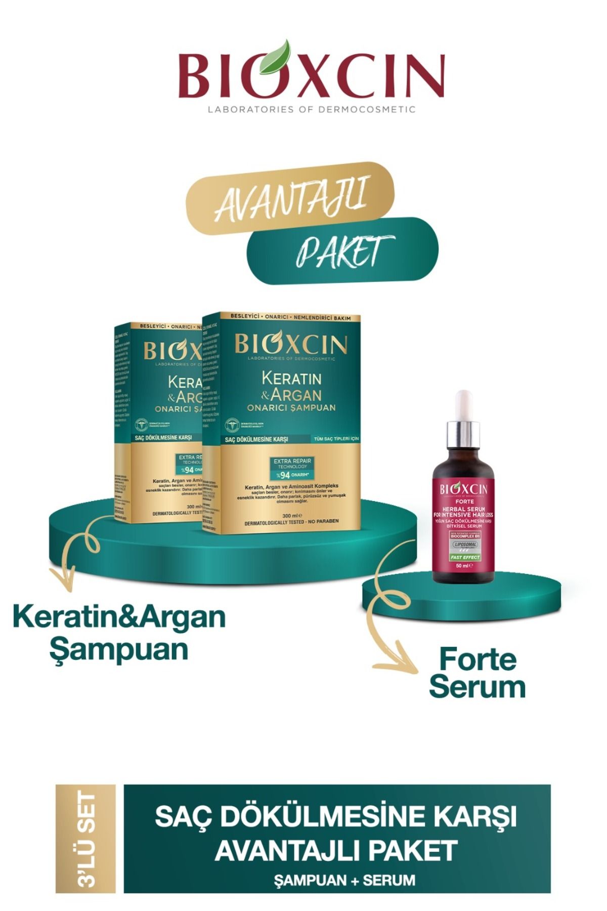 Bioxcin keratin argan şampuanı 300 ml 2 adet + Bioxcin forte serum 50 ml 1 adet