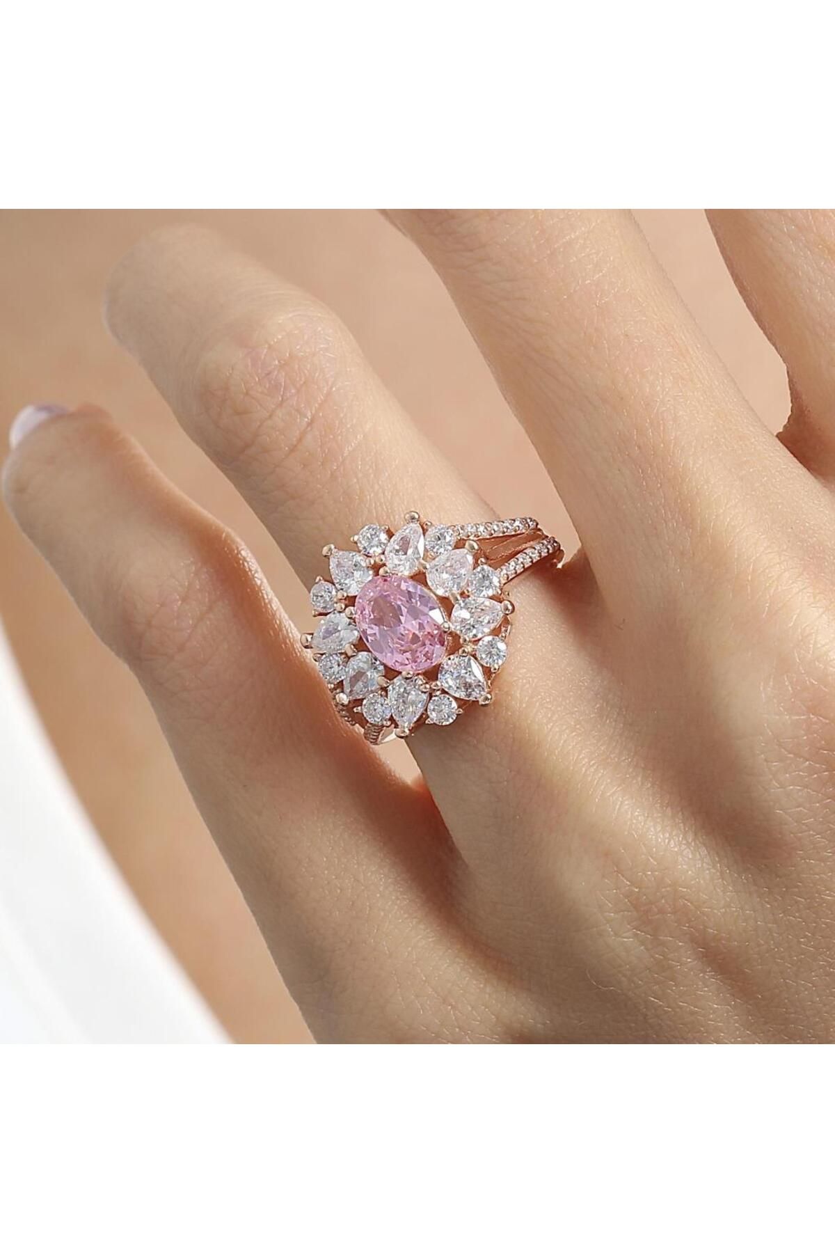 Effective Diamond Paris Işıltısı Rose Renk Pink Taşlı Gümüş Yüzük