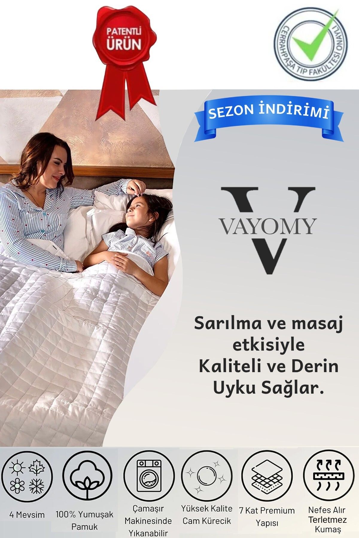 Vayomy Ağırlıklı Battaniye Çift Kişilik Ağırlıklı Yorgan 10 Kg Beyaz 200x220 %100 Pamuk 4 Mevsim Kullanım