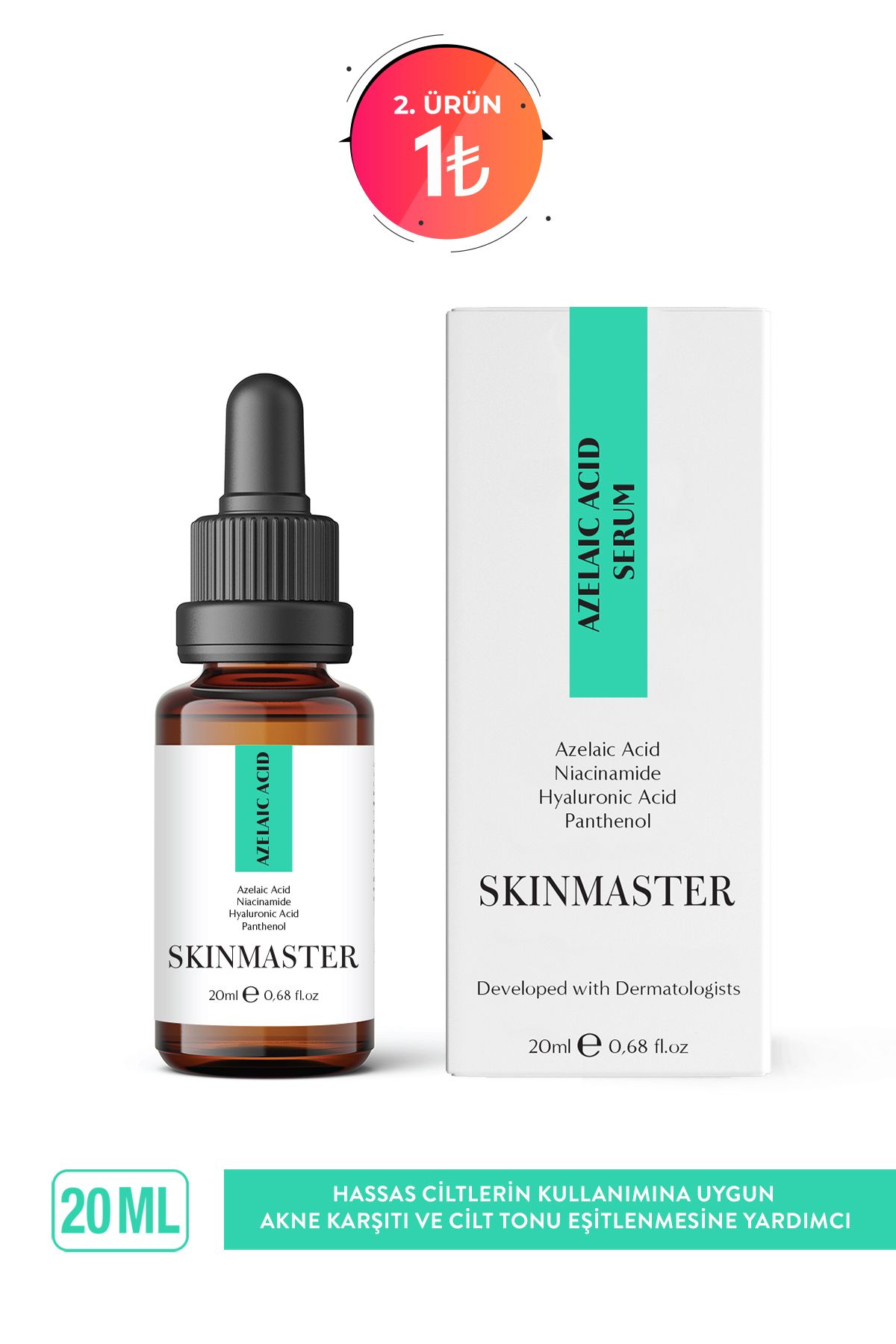 SkinMaster Akneye Yatkın Hassas Ciltlerin Kullanımına Uygun Leke Karşıtı Azelaik Asit Serum ( Azelaik Asit %5)