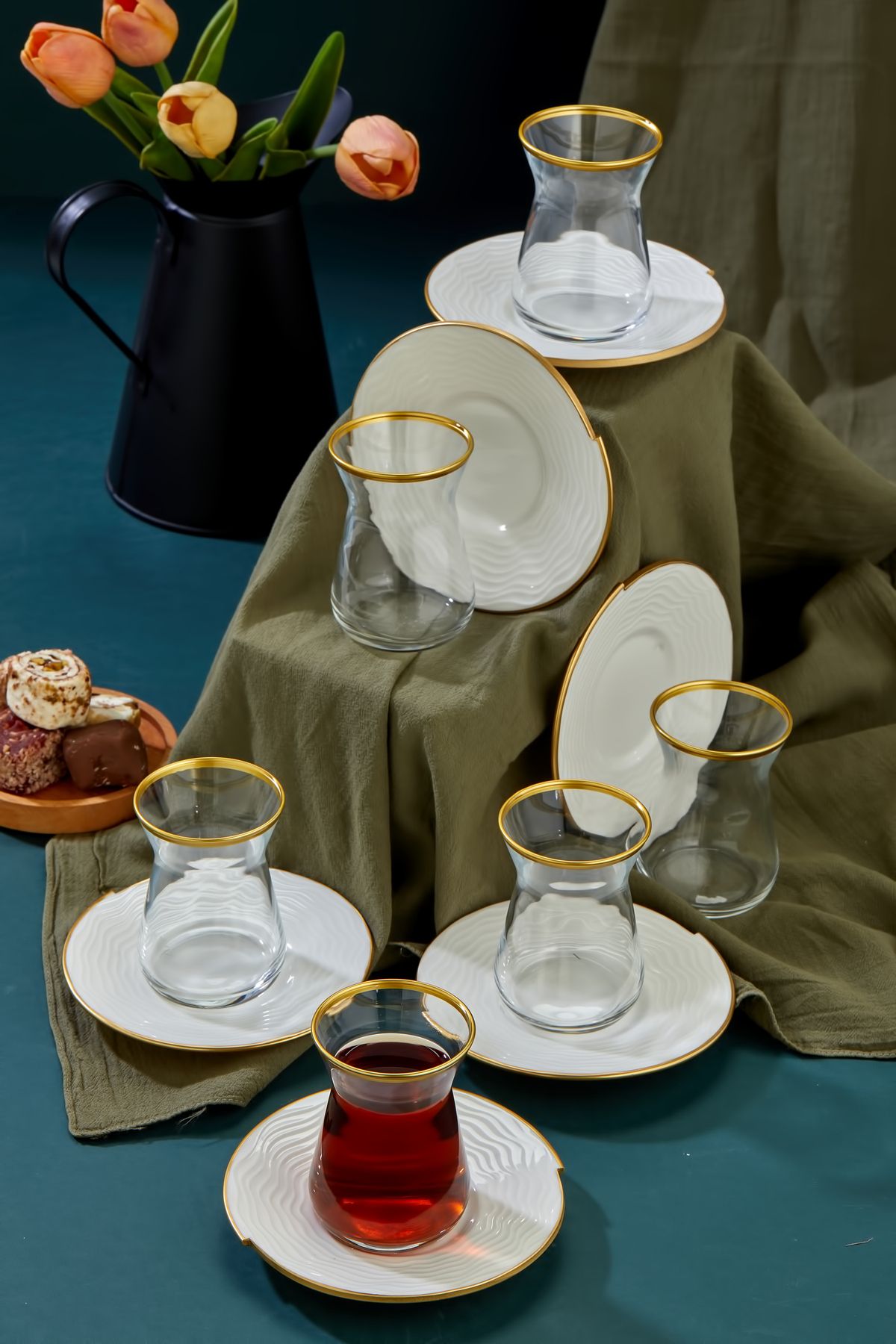 Babion Outlet Porselen Gold Altın Yaldız 12 Parça 6 Kişilik Çay Bardağı Takımı, Çay Seti
