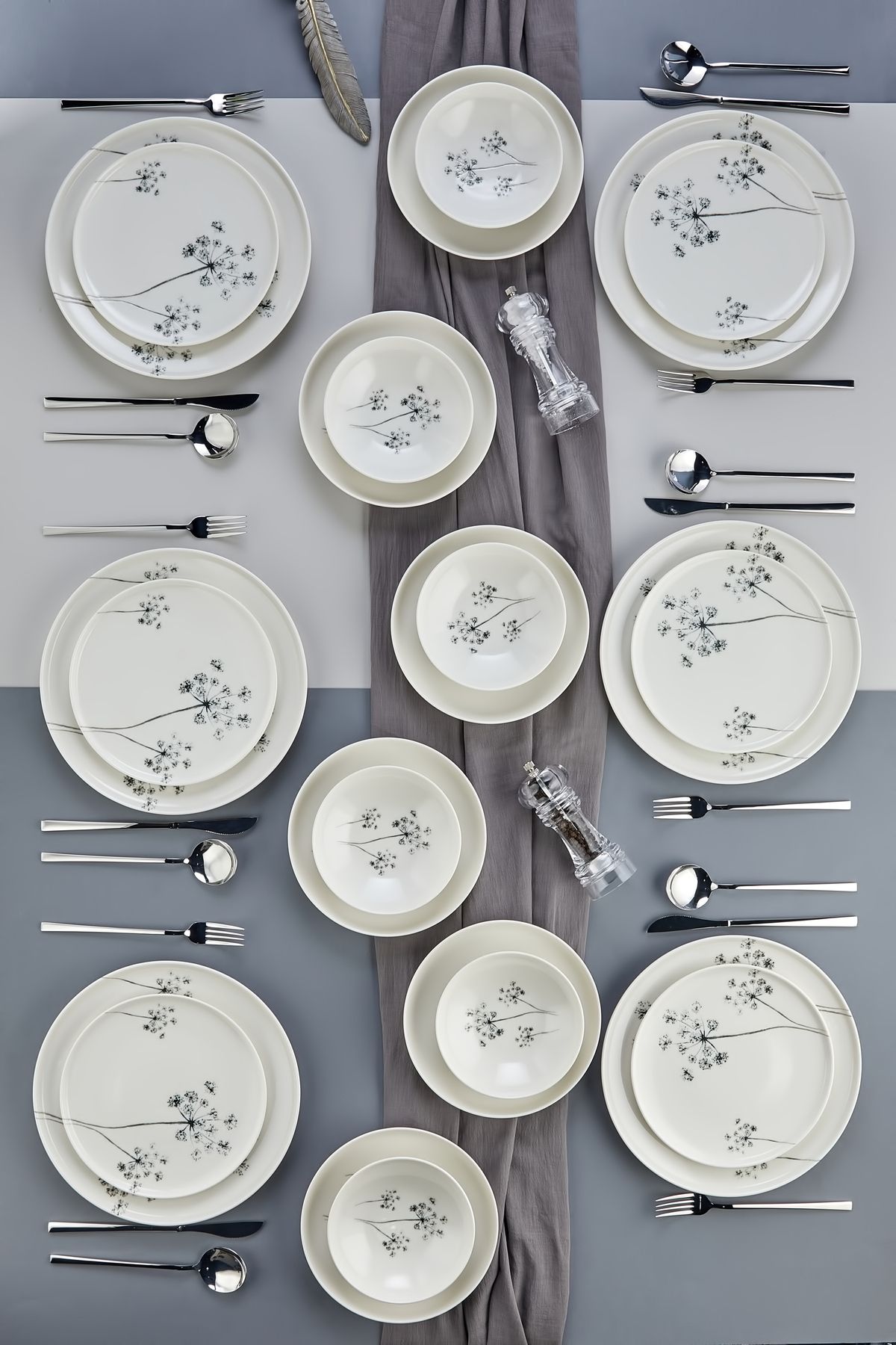 TBKHOME Premium Porselen Gümüş Çiçekli 24 Parça 6 Kişilik Yemek Takımı, Seti