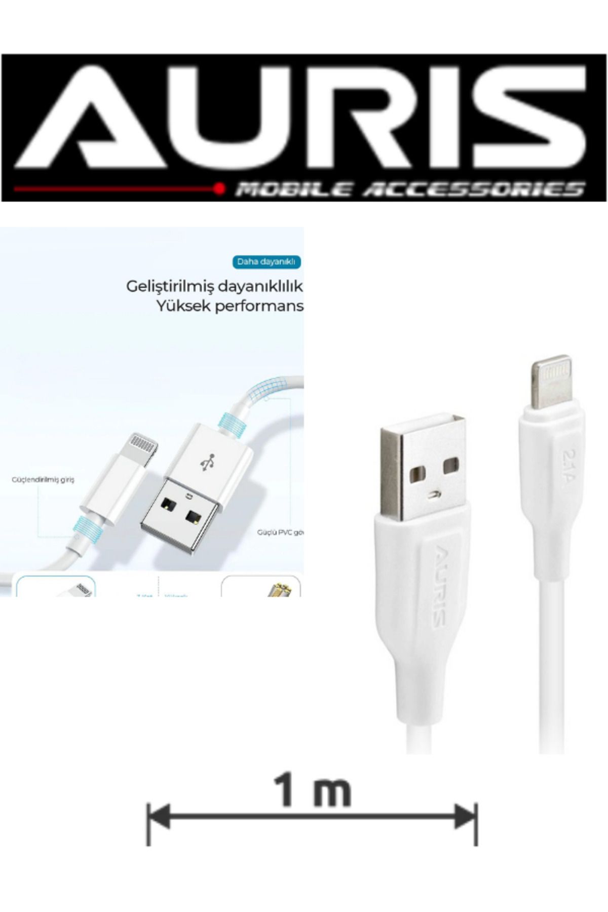Auris İphone 12 Pro Max Uyumlu 2.1 Amper 1 MT. Lightining Şarj Kablo+Kalem