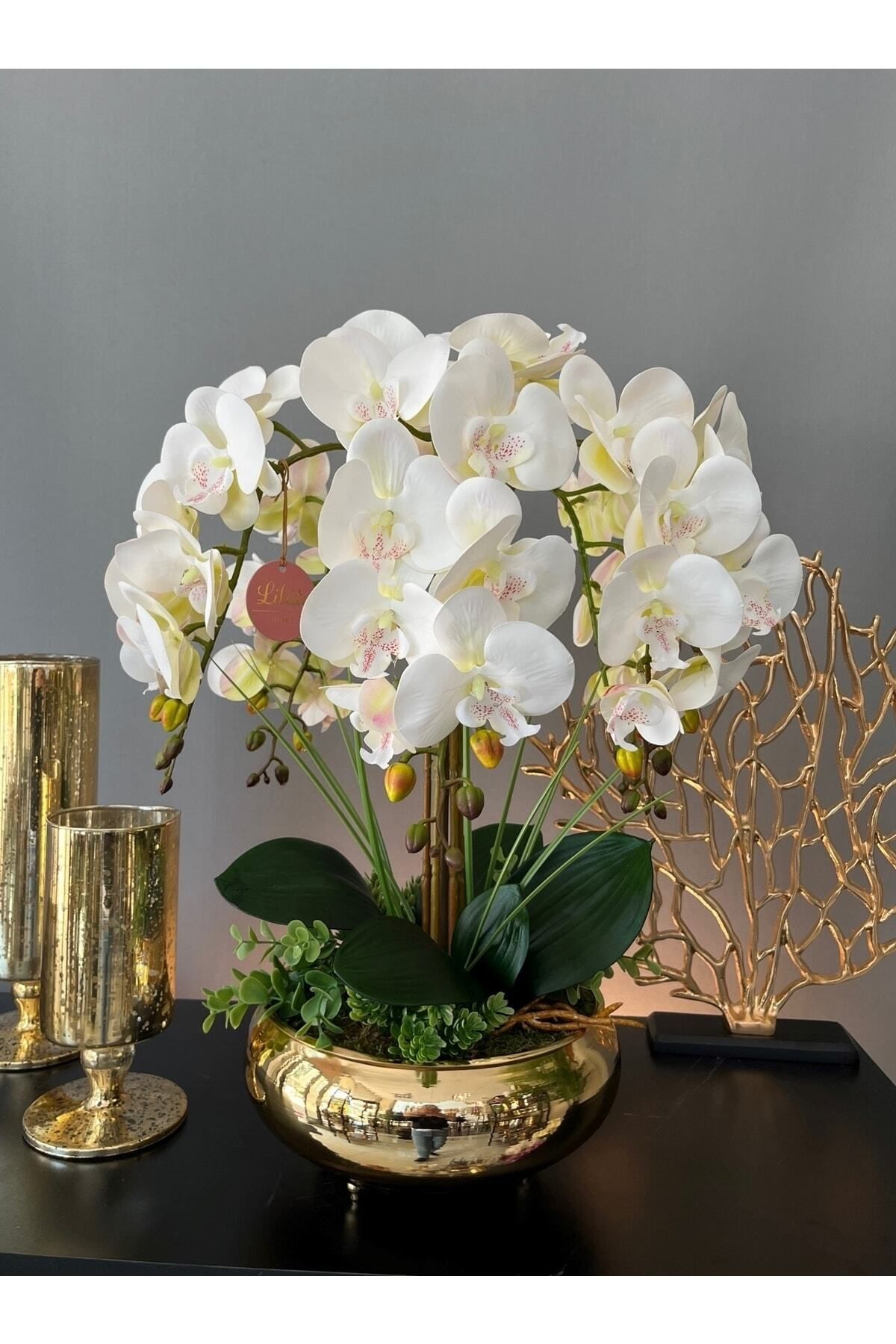 LİLOTEHOME 5 Dal Islak Lateks Dokulu Orkide Aranjman Ufo Parlak Gold Renk Saksıda