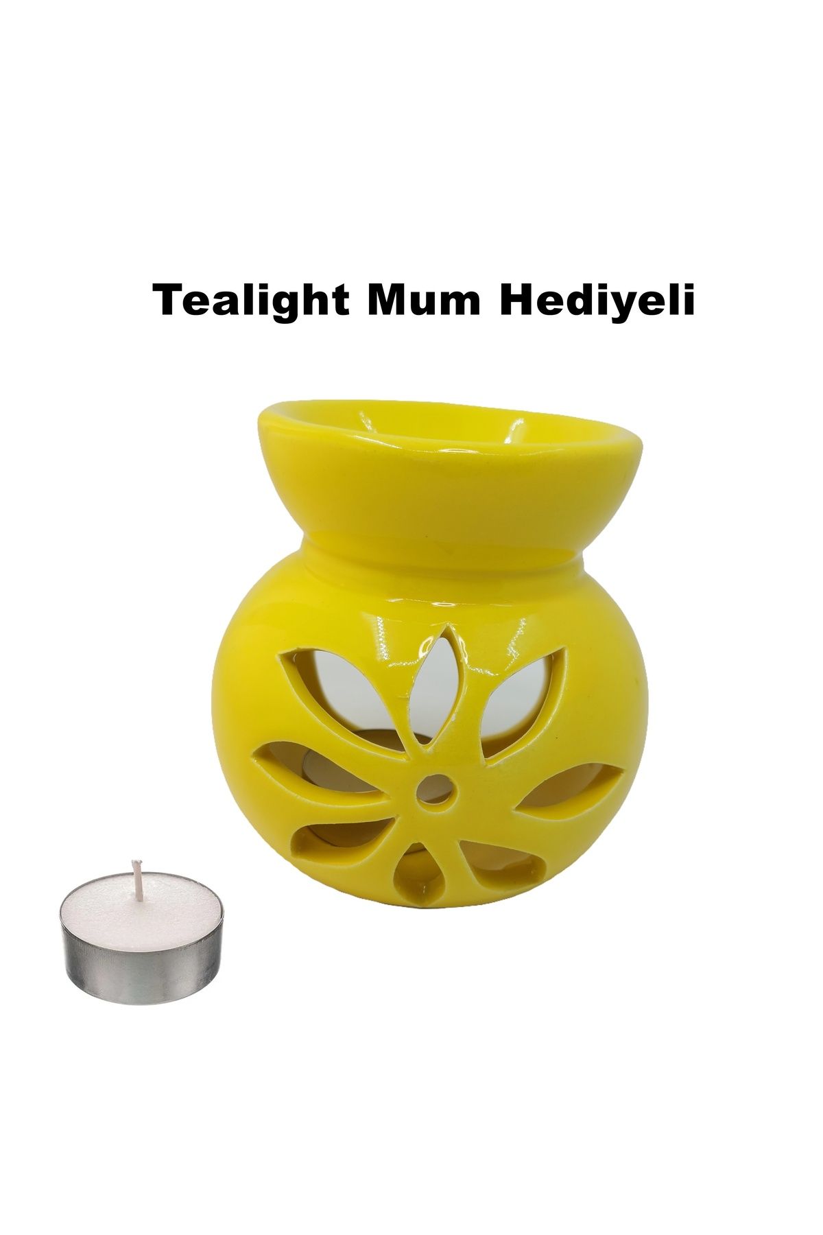 Genel Markalar Tealight Mum Hediyeli Sarı Seramik Lotus Çiçeği Motifli Buhurdanlık Mumluk
