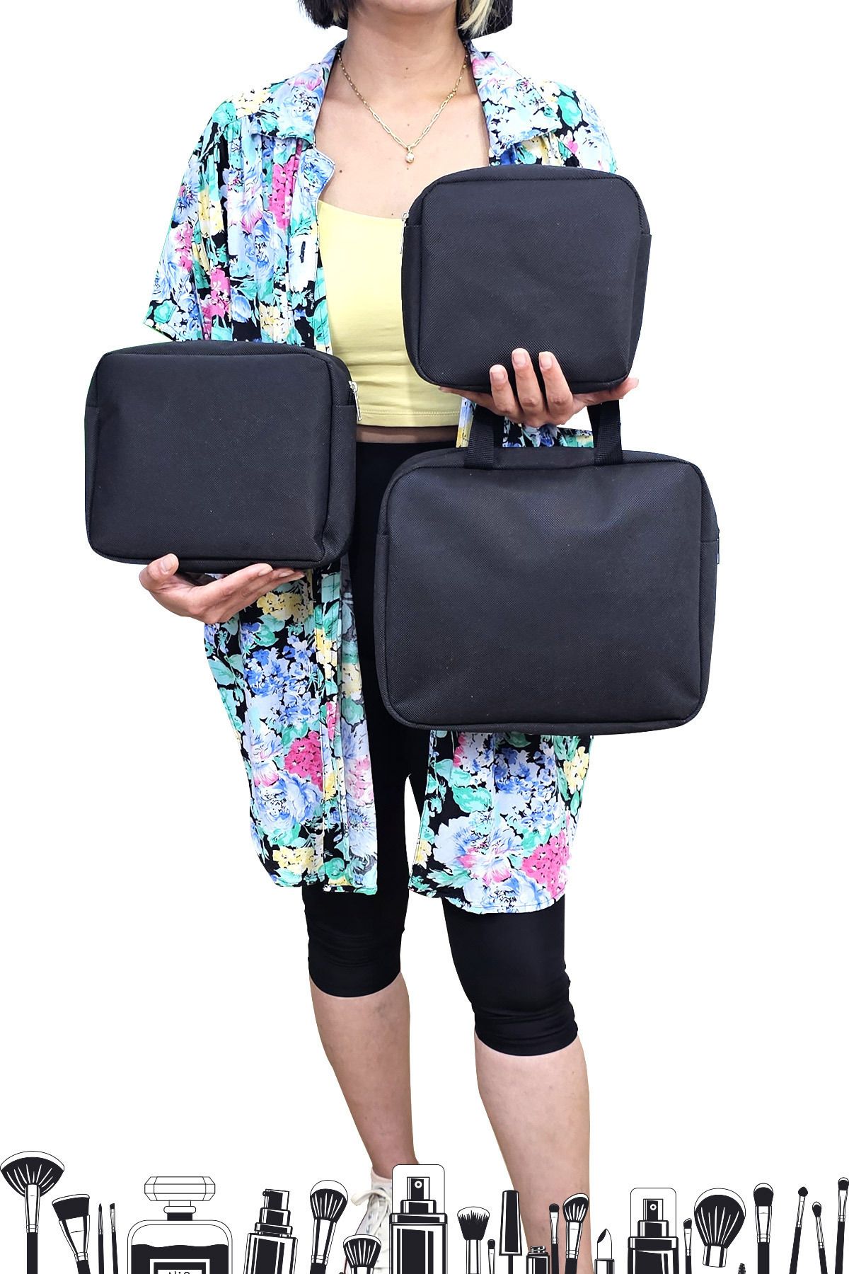 Woys Bags Siyah Renk 3 'lü Makyaj Çantası, Seyahat Makyaj Çantası, Kozmetik ve Kıyafetleri Taşımak İçin Uygun