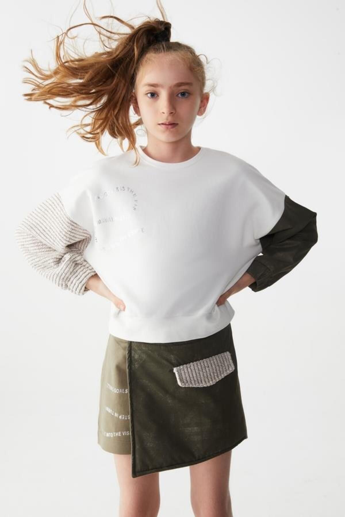 NK Kız Çocuk Kolu Triko Ve Deri Detaylı Sweatshirt