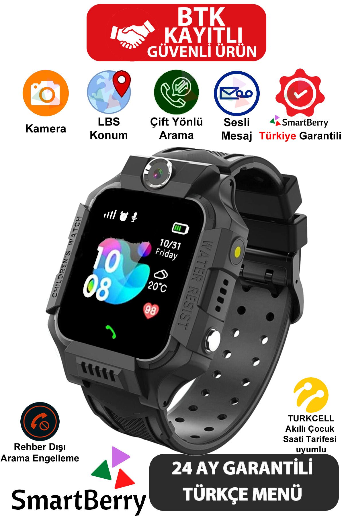 Smartberry Z2 Lbs Konumlu Akıllı Çocuk Takip Saati Sim Kartlı Arama, Kameralı, Gizli Dinleme Özellikli -siyah