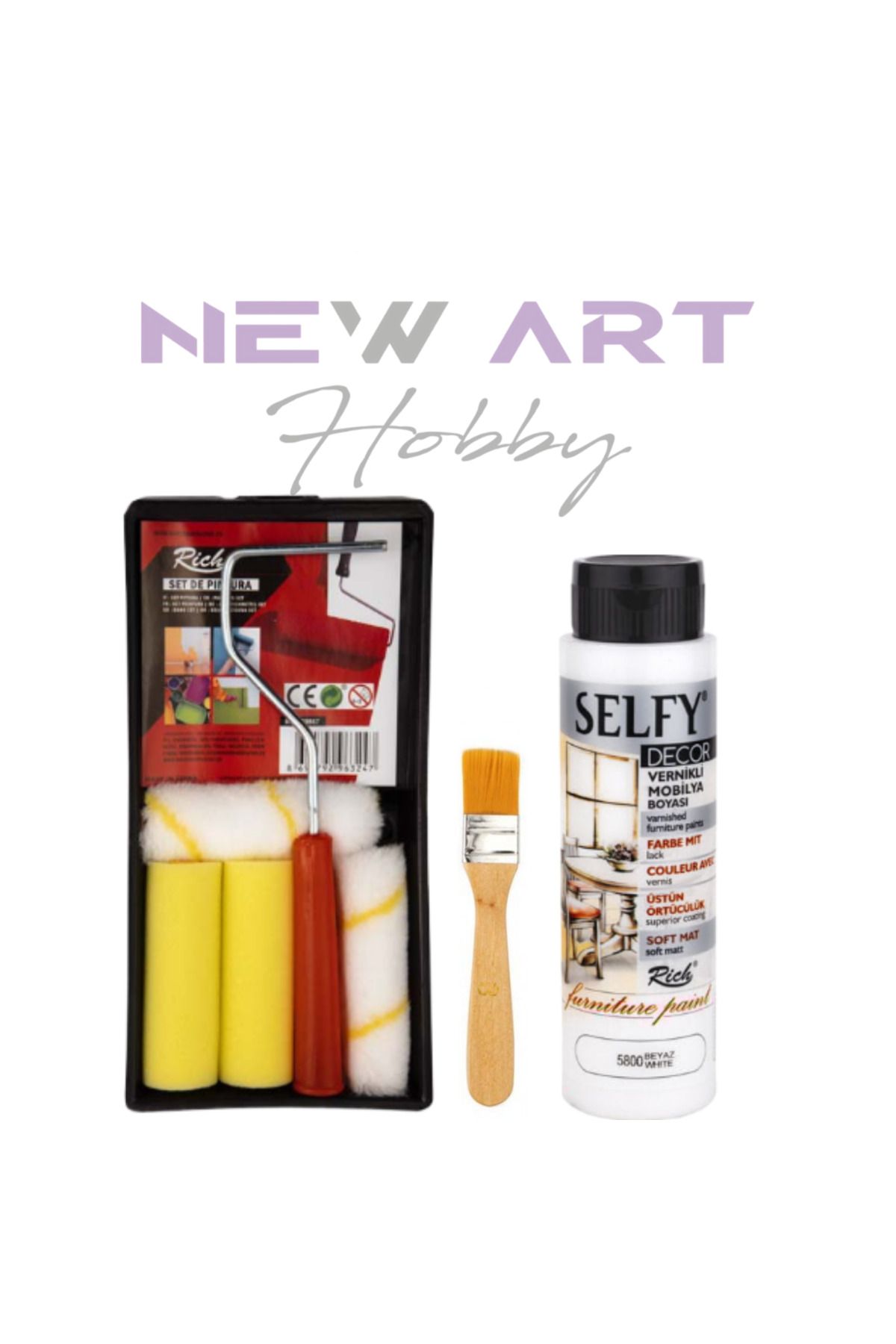 New Art Hobby Selfy Decor Kendinden Vernikli Mobilya Boyama Seti 500 Cc Beyaz + Tavalı Rulo Set + Fırça