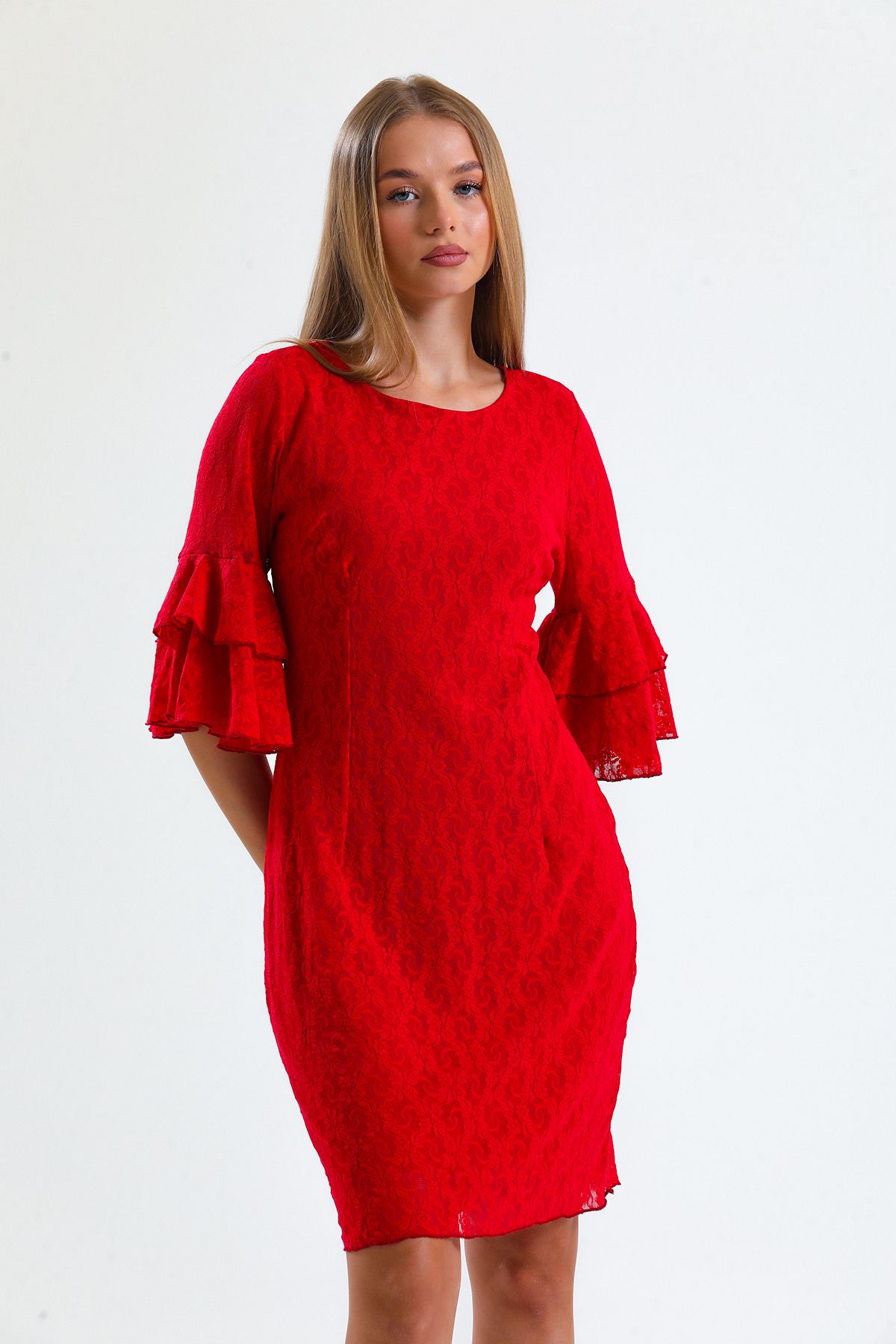 Sense Güpür Kolları Volanlı Elbise | Elb31293 Kırmızı