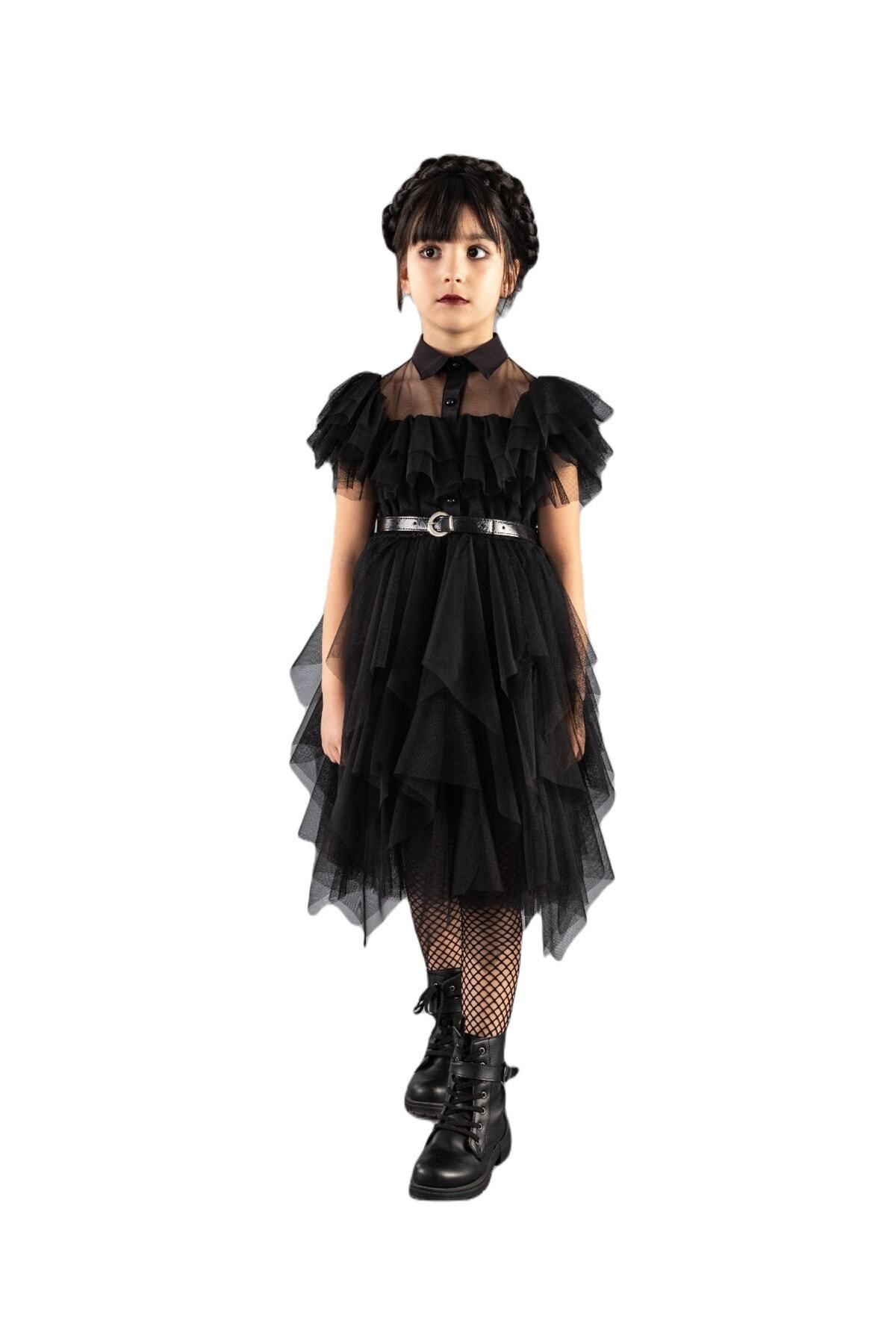 LULLY KİDS Kız Çocuk Siyah Wednesday Kostüm Elbise