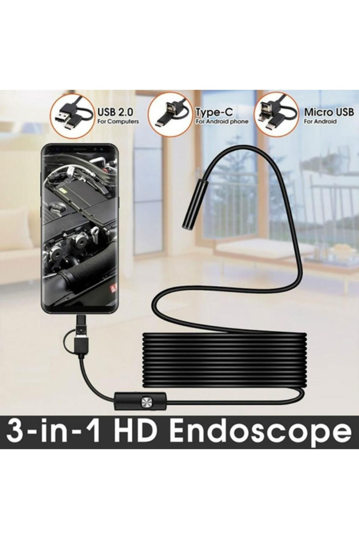 ELEGANSSTRADE Endoskop 3 in 1 Yılan Kamera USB Micro Usb Type-C 5M Sert Kablo
