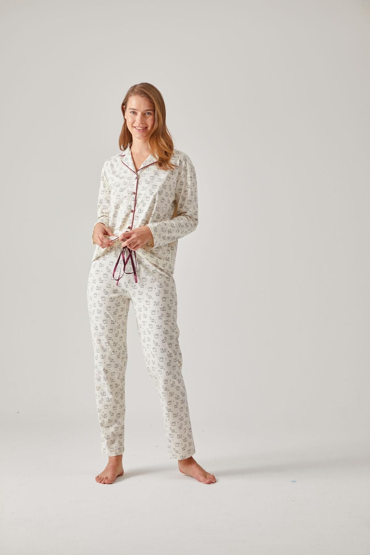 Pamuk Pamuk Tilki Desen Önden Düğmeli Biyeli Modal Pamuk Kadın Pijama Takımı