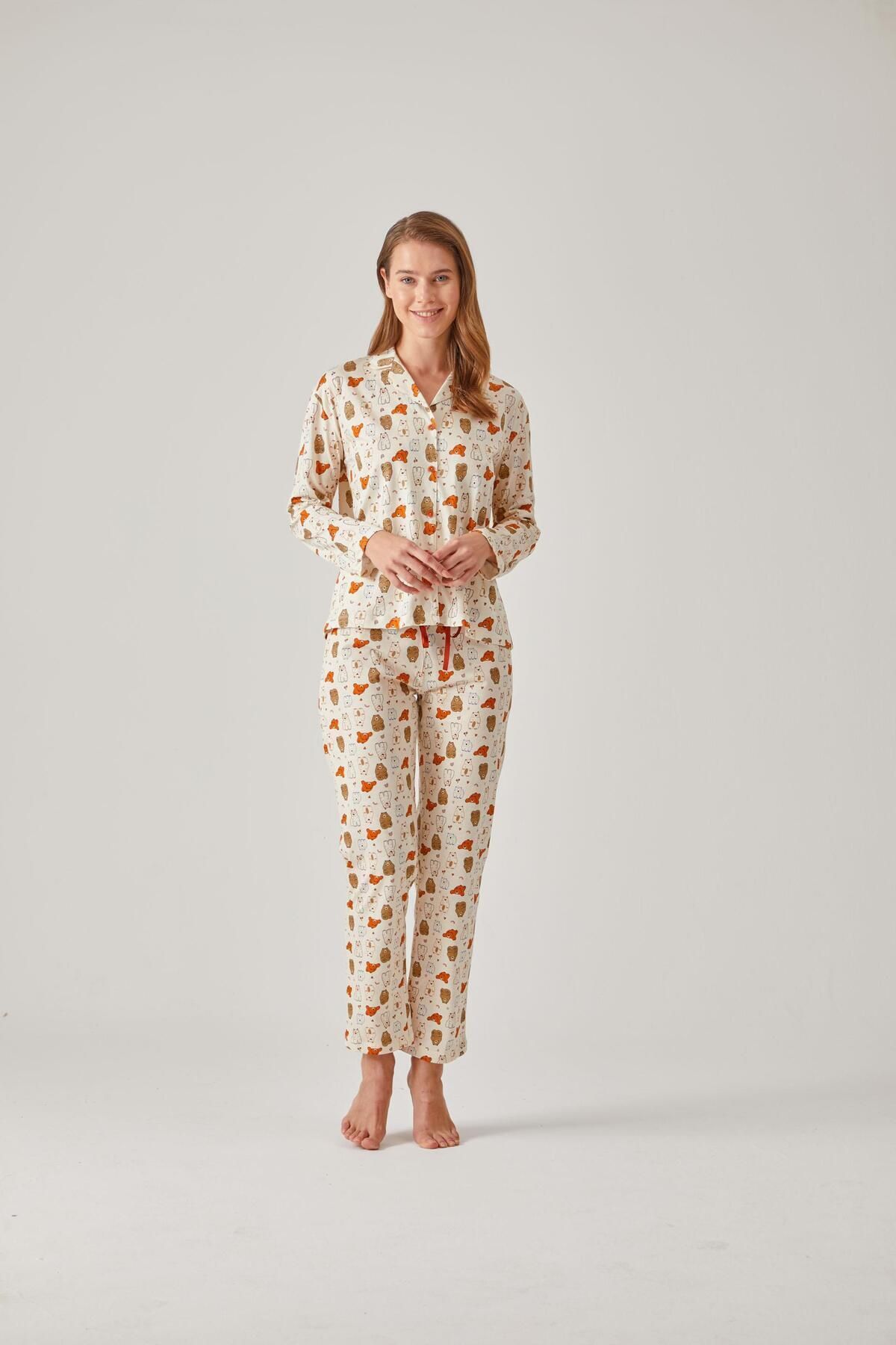 Pamuk Pamuk Ayıcık Desenli Önden Düğmeli Modal Pamuk Kadın Pijama Takımı