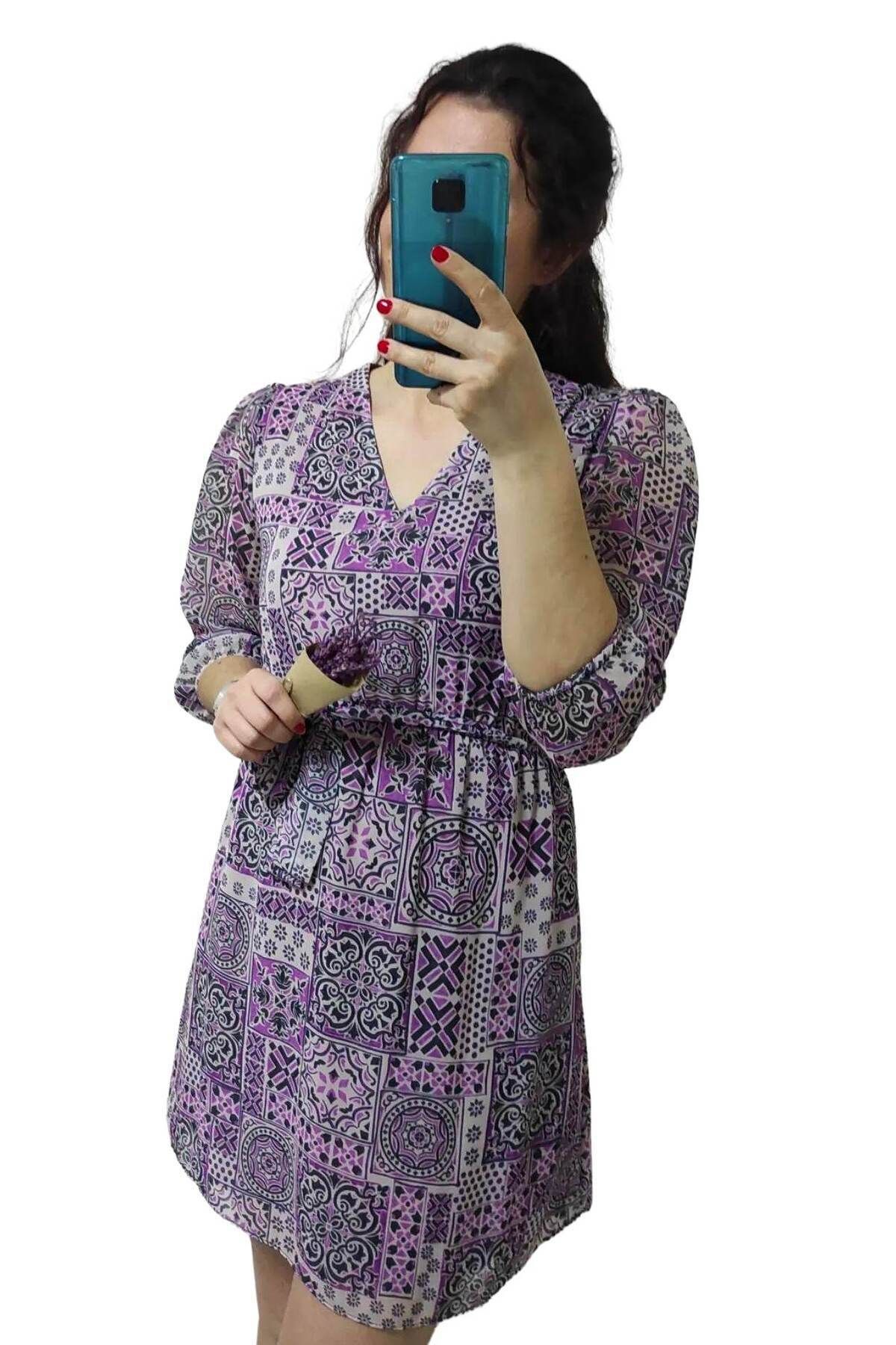 Elif Kadın V Yaka Etnik Desenli Mini Şifon Elbise