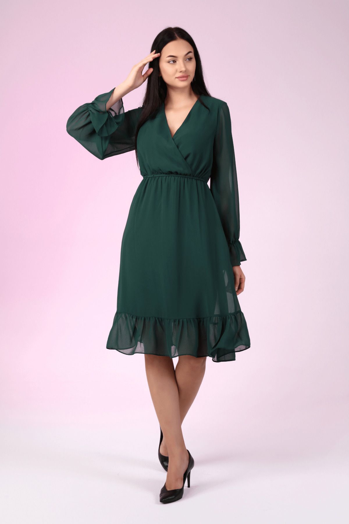 AVVER Kadın Zümrüt Yeşili Astarlı Kruvaze Şifon Elbise
