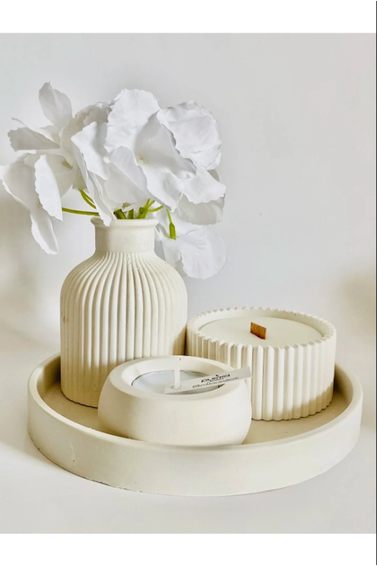 By Sirin Candle Beyaz Vazo Oval Tepsi / Kutuda Mum Ve Tealight Mumluk Dekorasyon Seti.
