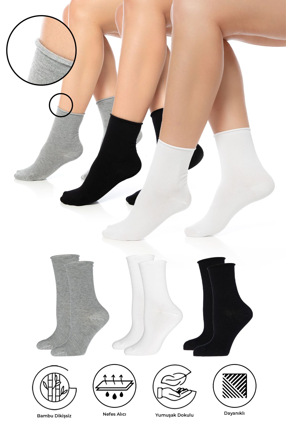 SAYSEZ Bambu Kadın Lastiksiz Siyah-Beyaz-Gri (Asorti) Soket Dikişsiz Premium Çorap 3'lü /İz Bırakmaz/Sıkmaz