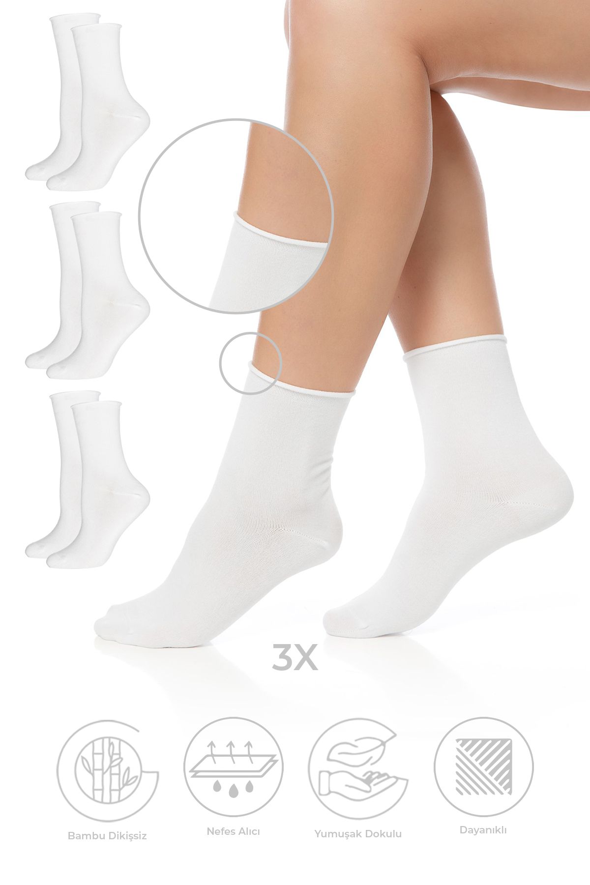 SAYSEZ Bambu Kadın Lastiksiz Beyaz Soket Dikişsiz Premium Çorap 3'lü Paket / İz Bırakmaz / Sıkmayan Çorap